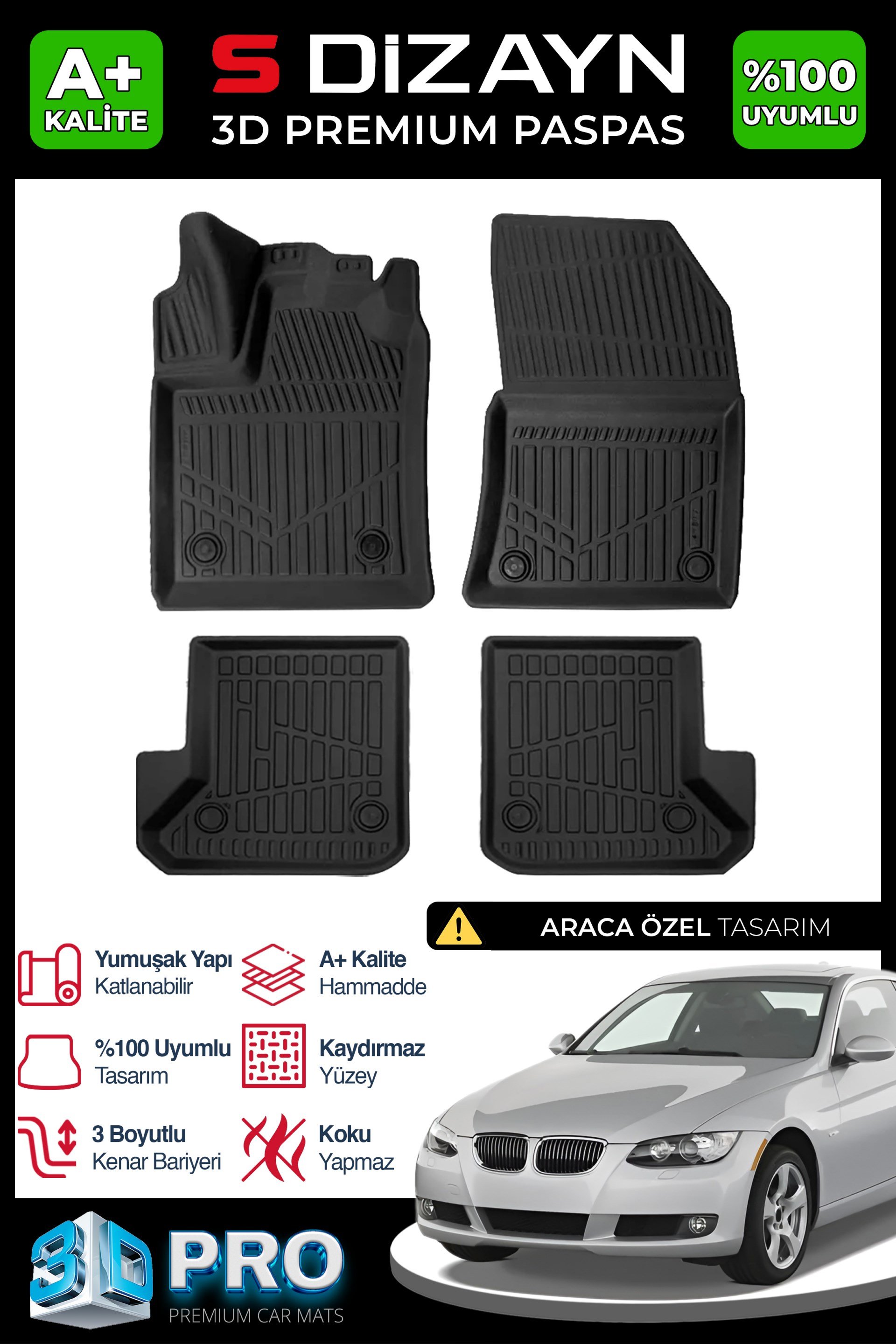 S-Dizayn Bmw 3 Serisi E92 3D Pro Havuzlu Paspas 2007-2013 A+ Kalite