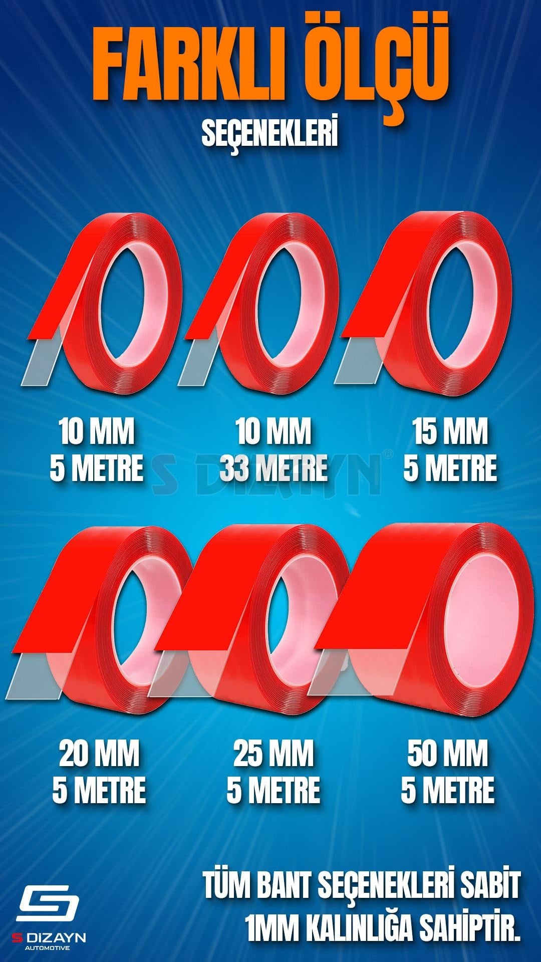 S-Dizayn Çift Taraflı Bant 10mm x 5 Metre 5'li Paket Şeffaf Silikon VHB Bant A+Kalite