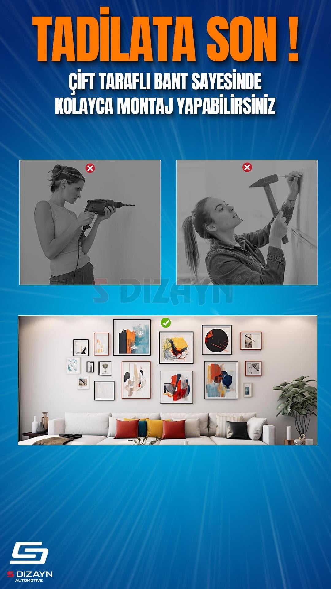 S-Dizayn Çift Taraflı Bant 50mm x 5 Metre 5'li Paket Şeffaf Silikon VHB Bant A+Kalite