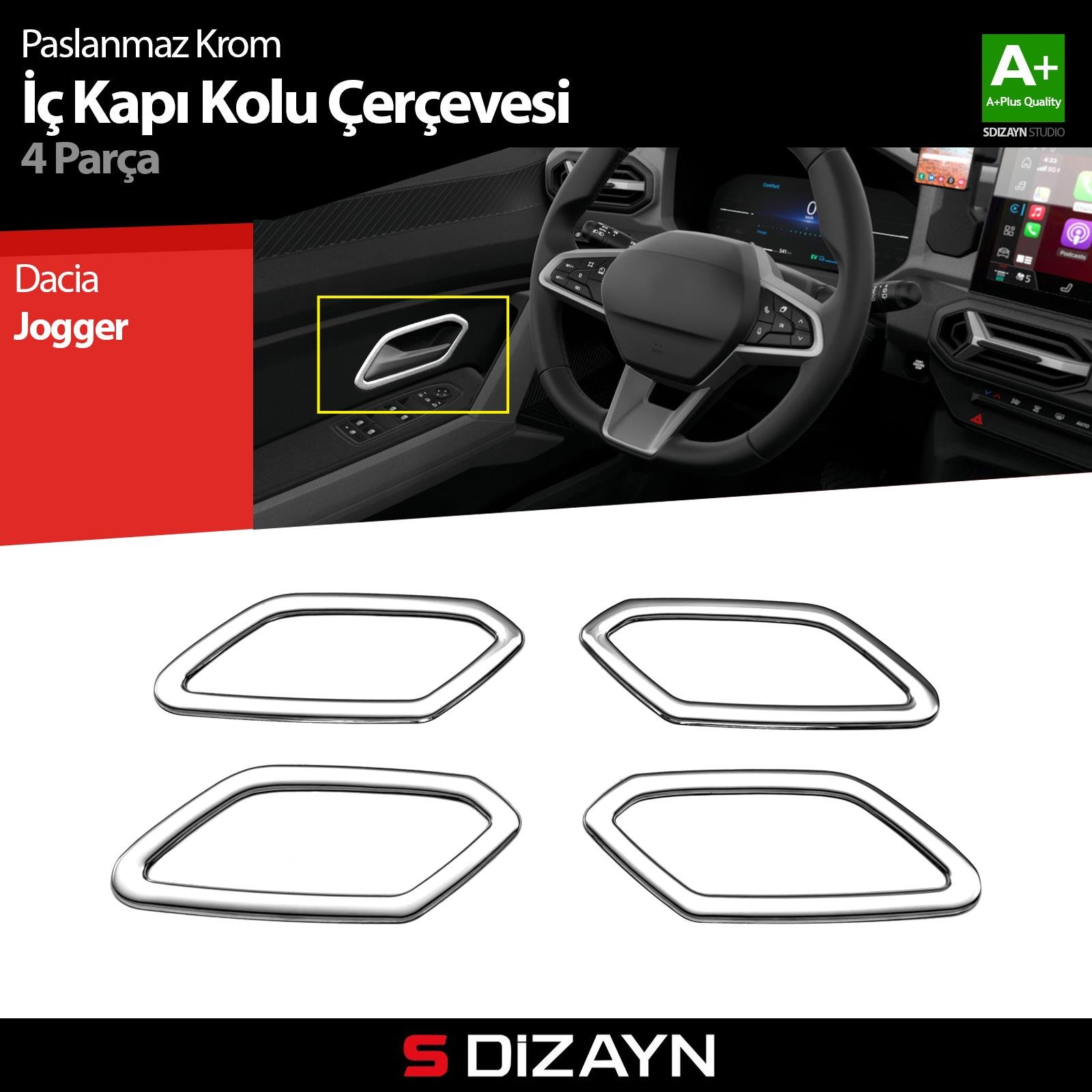 S-Dizayn Dacia Jogger Krom İç Kapı Kolu Çerçevesi 4 Prç 2022 Üzeri A+ Kalite