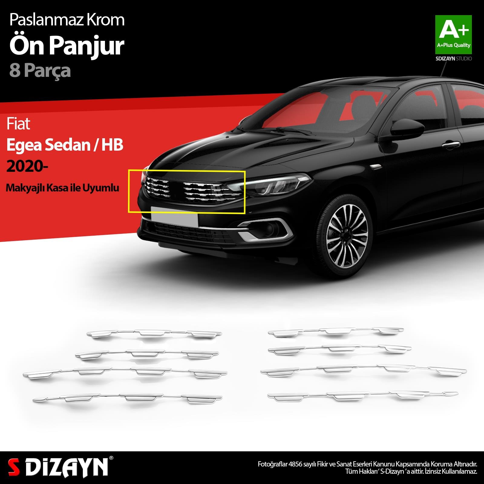 S-Dizayn Fiat Egea SD / HB Krom Ön Panjur Diamond Model 8 Prç 2020 Üzeri (Parlak Krom) A+ Kalite