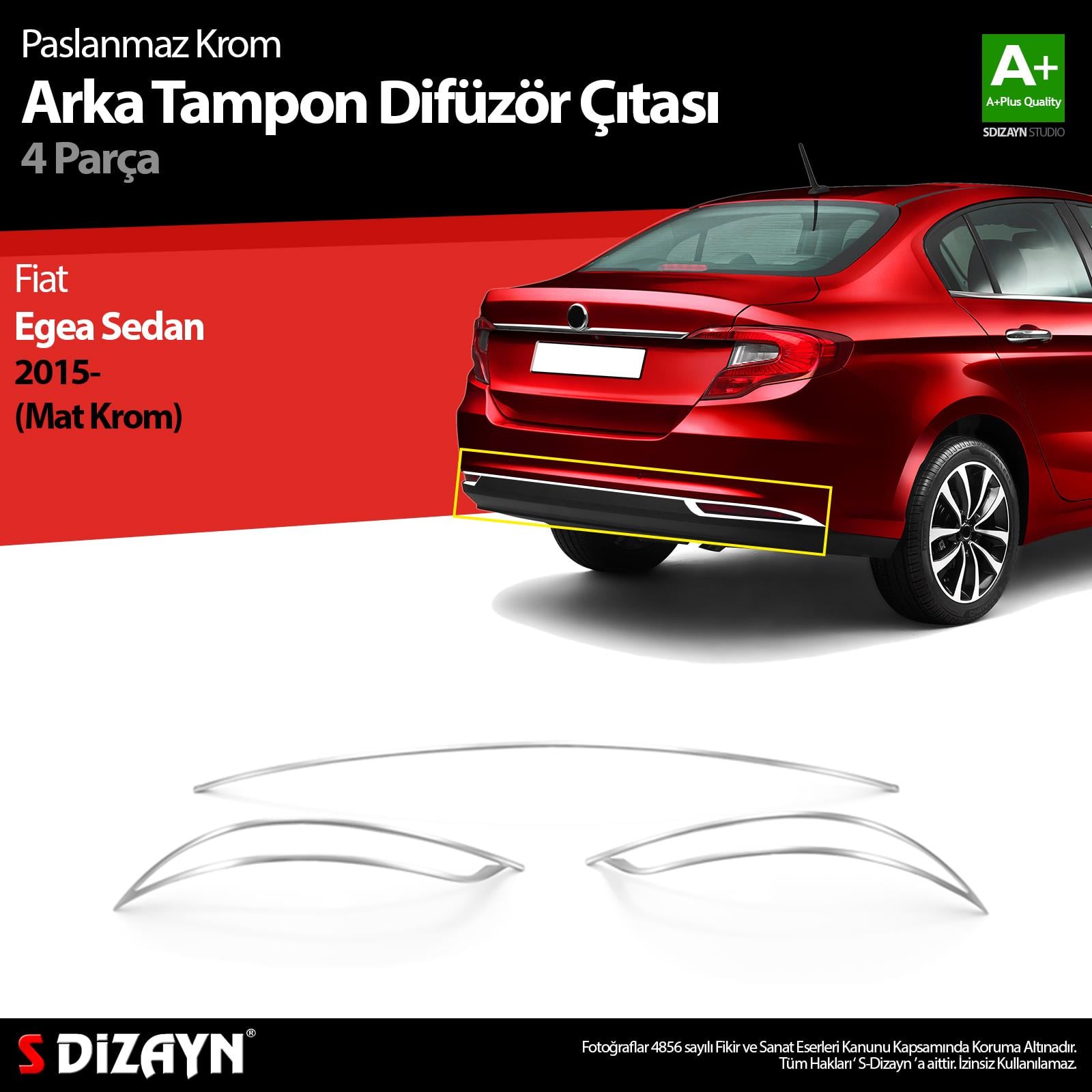 S-Dizayn Fiat Egea SD Krom Arka Tampon Difüzör Çıtası 3 Prç. 2015 Üzeri (Mat Krom) A+ Kalite