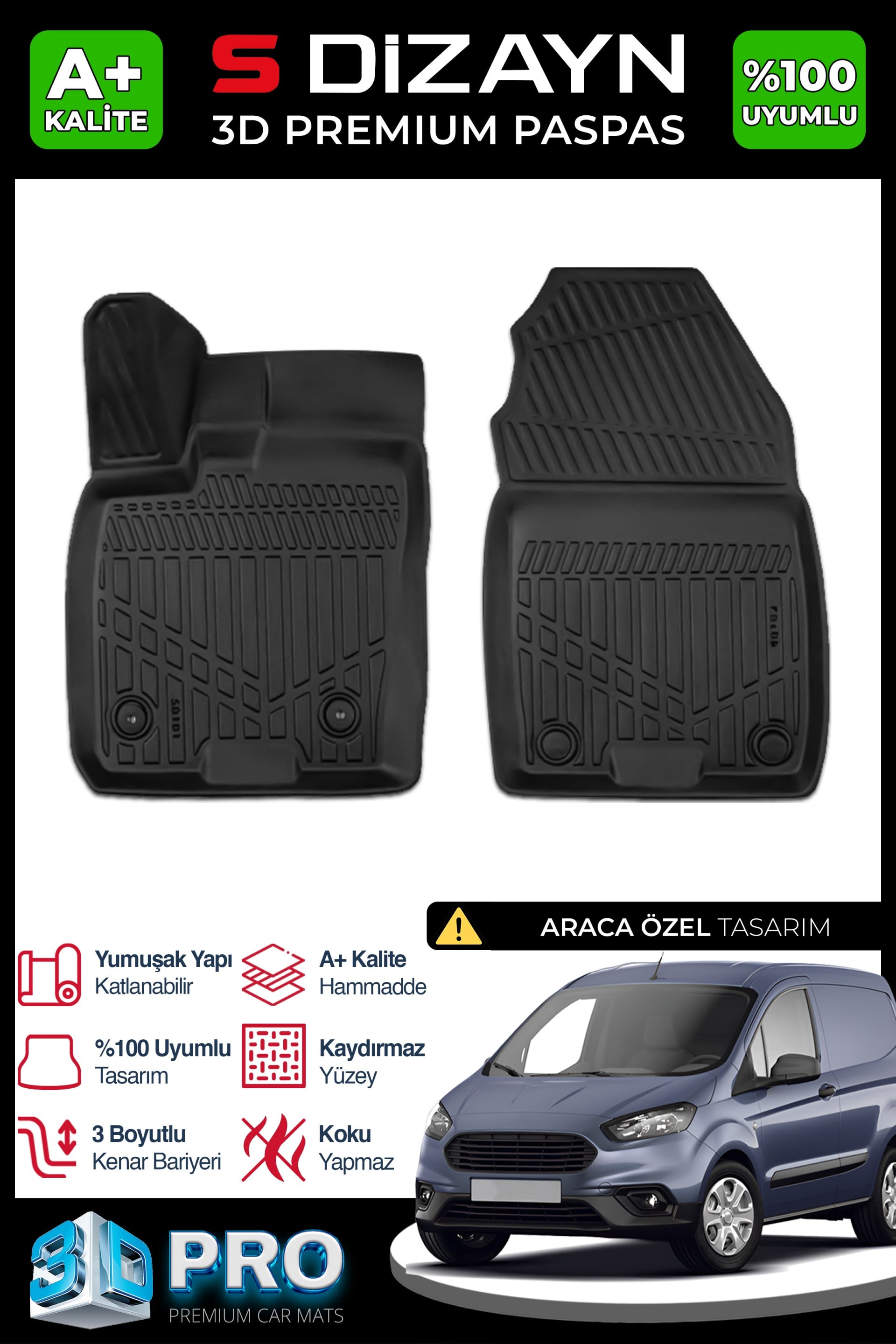S-Dizayn Ford Courier Panelvan Ön 2'li 3D Pro Havuzlu Paspas 2014-2024 A+ Kalite