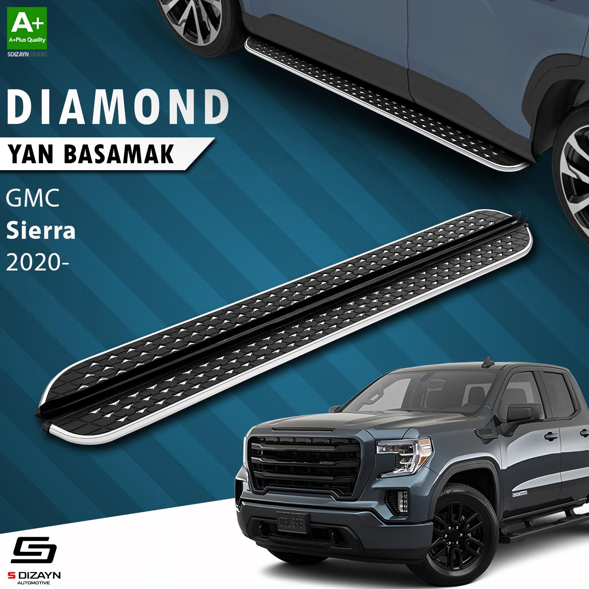 S-Dizayn GMC Sierra 5 Uzun Şase Diamond Krom Yan Basamak 253 Cm 2020 Üzeri A+ Kalite