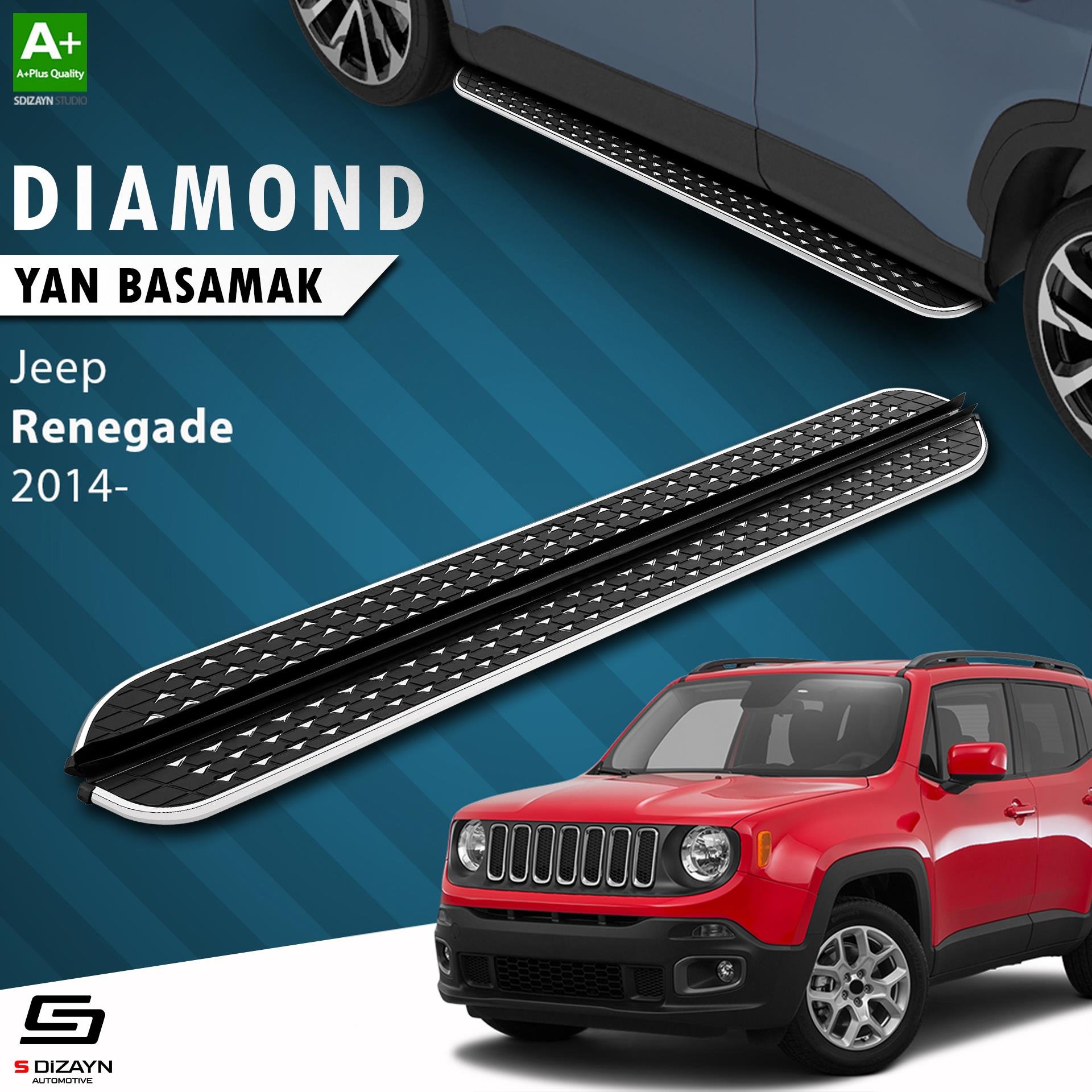 S-Dizayn Jeep Renegade Diamond Krom Yan Basamak 173 Cm 2014 Üzeri A+ Kalite