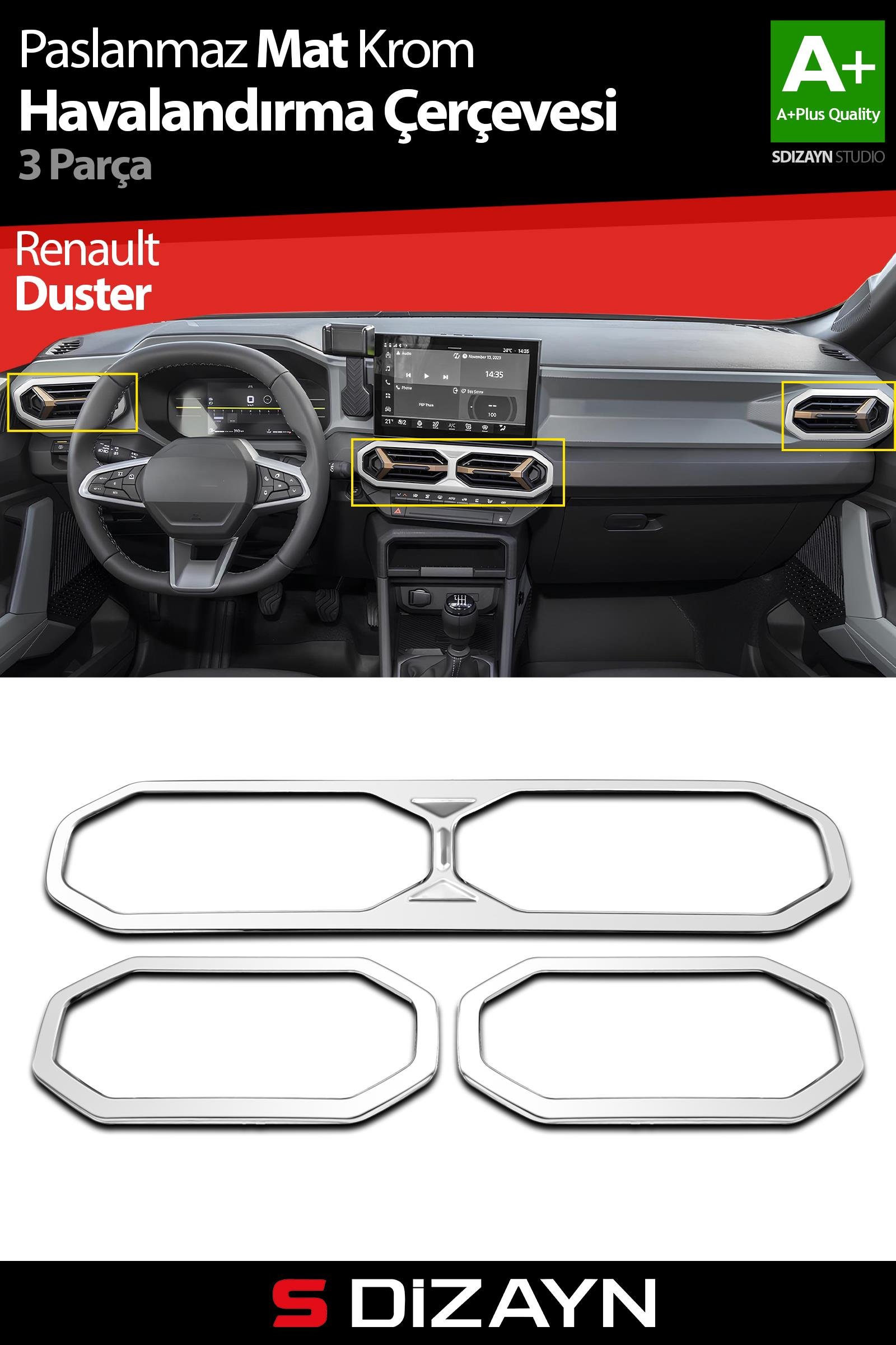 S-Dizayn Renault Duster Krom Havalandırma Çerçevesi 3 Prç. 2024 Üzeri (Mat Krom) A+ Kalite