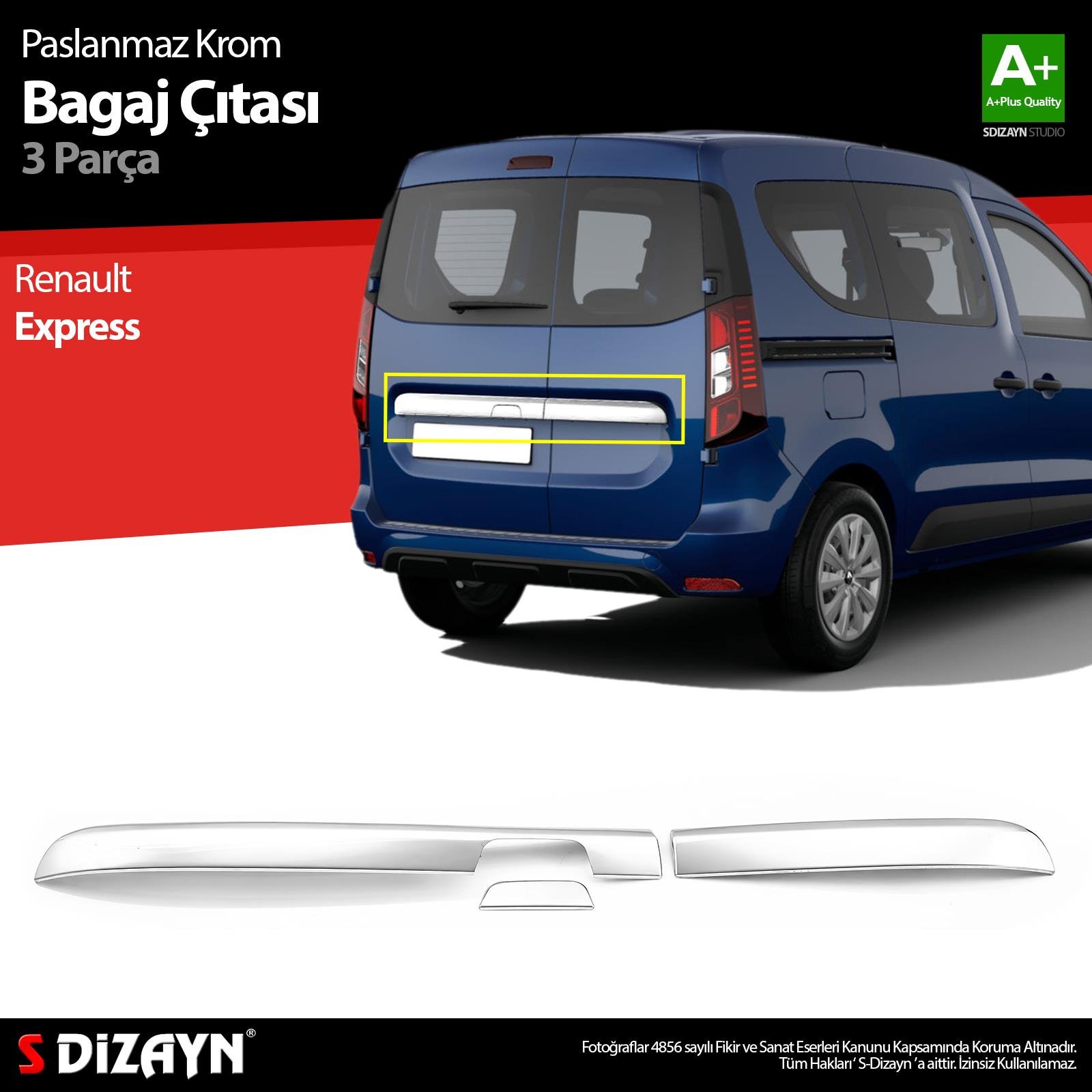 S-Dizayn Renault Express Krom Bagaj Çıtası 3 Prç. 2021 Üzeri A+ Kalite