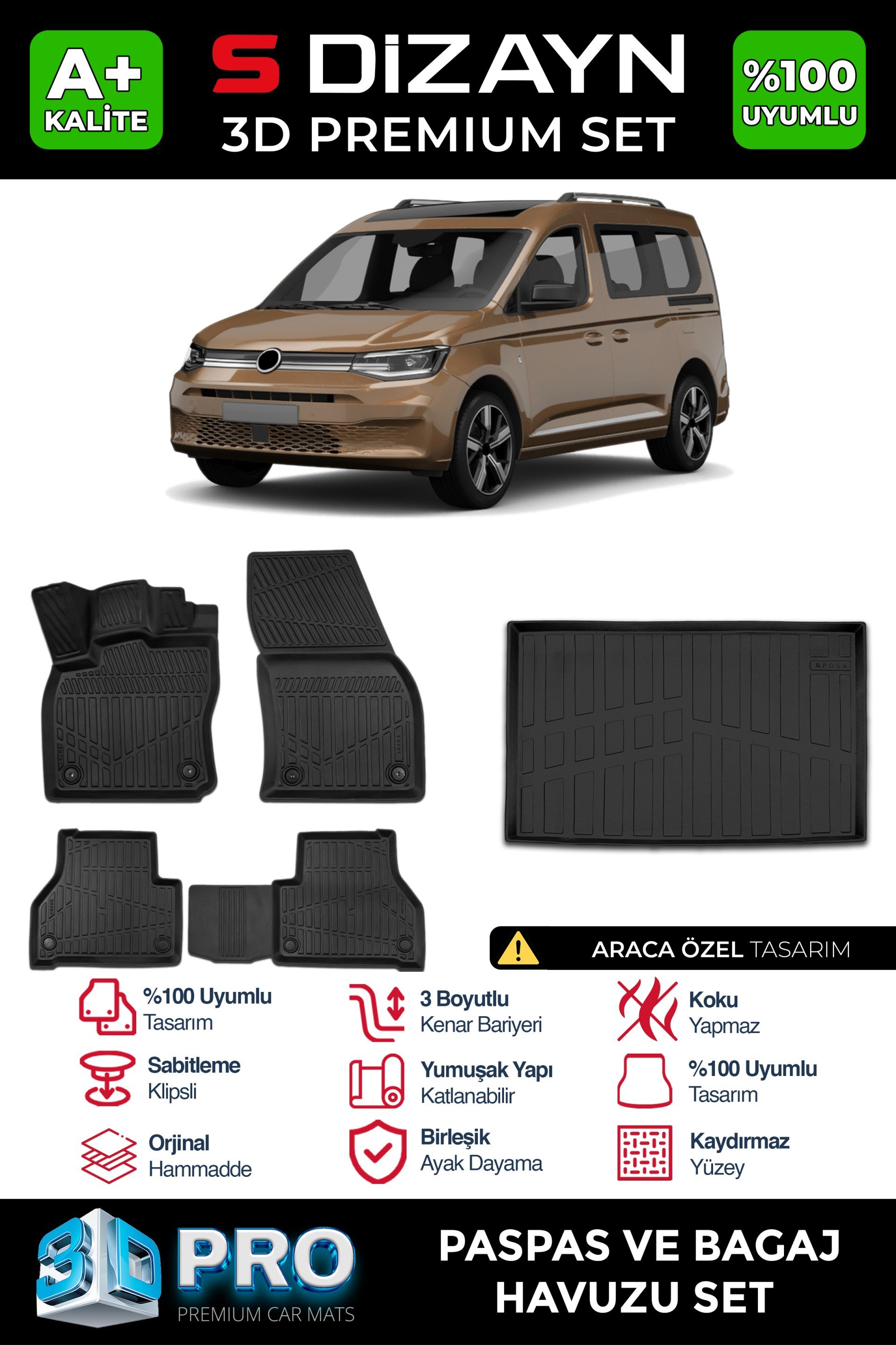 S-Dizayn VW Caddy 3D Pro Havuzlu Paspas ve Bagaj Havuzu Seti (2'li SET) 2020 Üzeri A+ Kalite