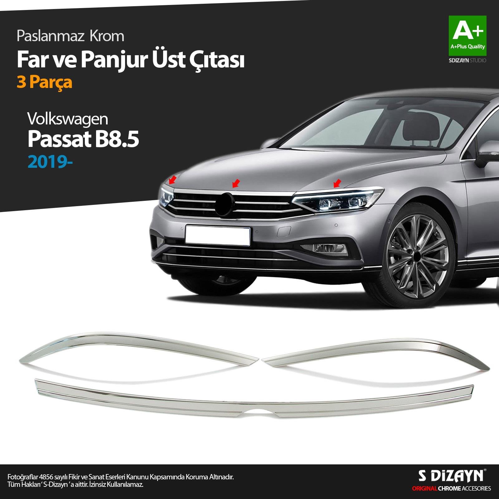 S-Dizayn VW Passat B8.5 Krom Far Üzeri Çıta Seti 3 Parça 2019-2023