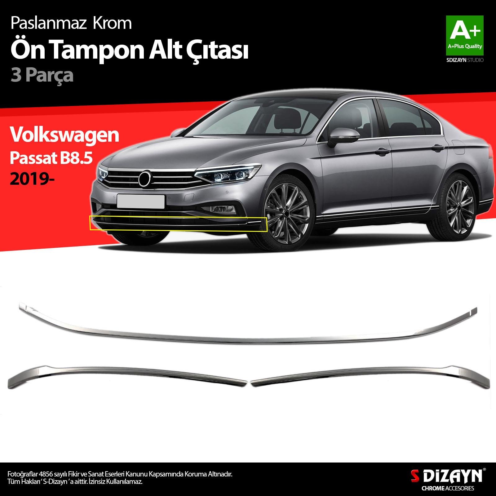 S-Dizayn VW Passat B8.5 Krom Ön Tampon Alt Çıtası 3 Parça 2019-2023