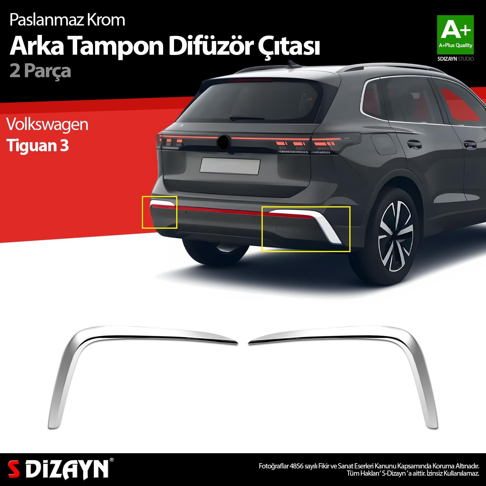S-Dizayn VW Tiguan Krom Arka Tampon Difüzör Çıtası OEM Still 2 Prç. 2024 Üzeri A+ Kalite
