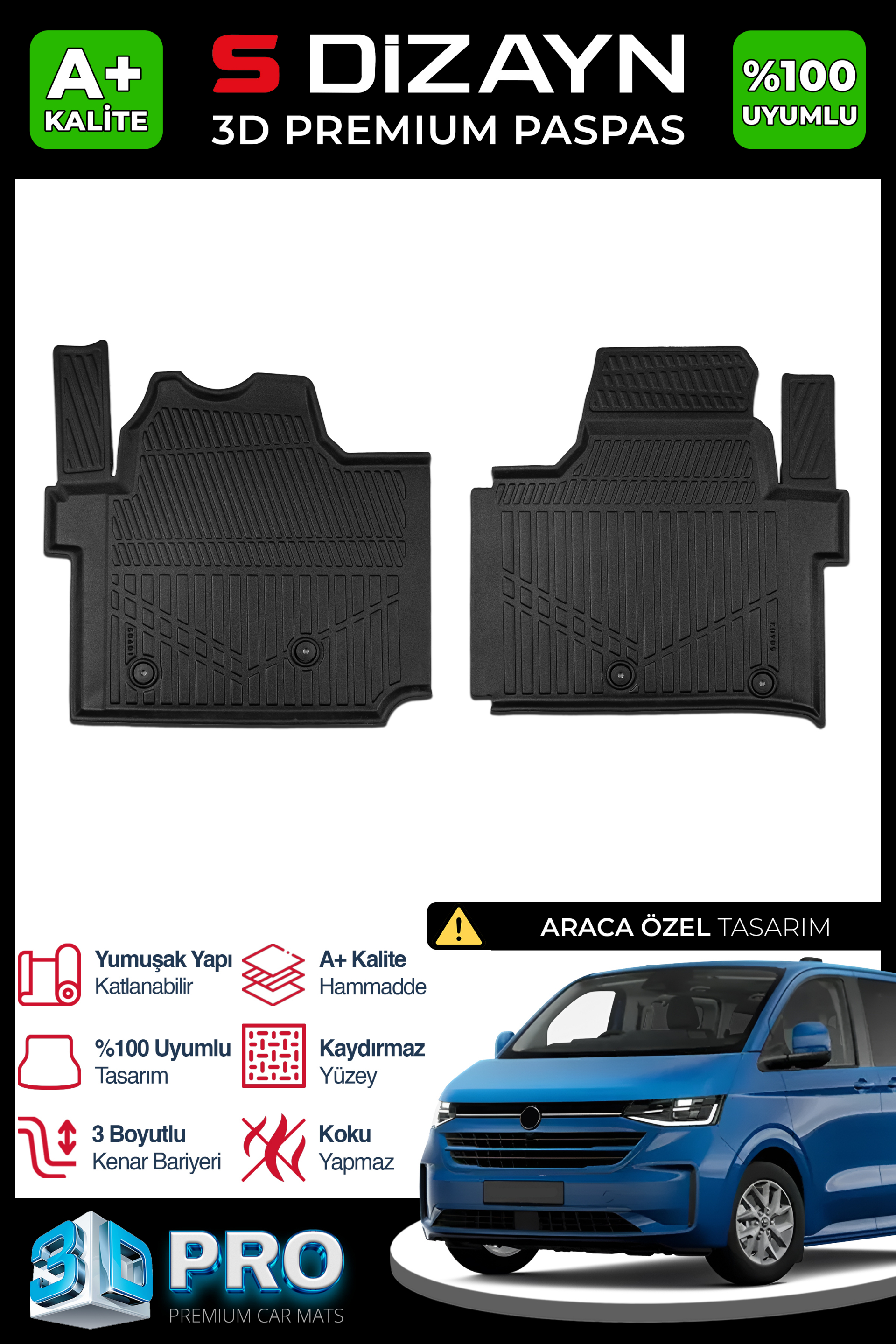 S-Dizayn VW Transporter T7 Panelvan 3D Pro Havuzlu Paspas Ön 2'Li 2024 Üzeri A+ Kalite