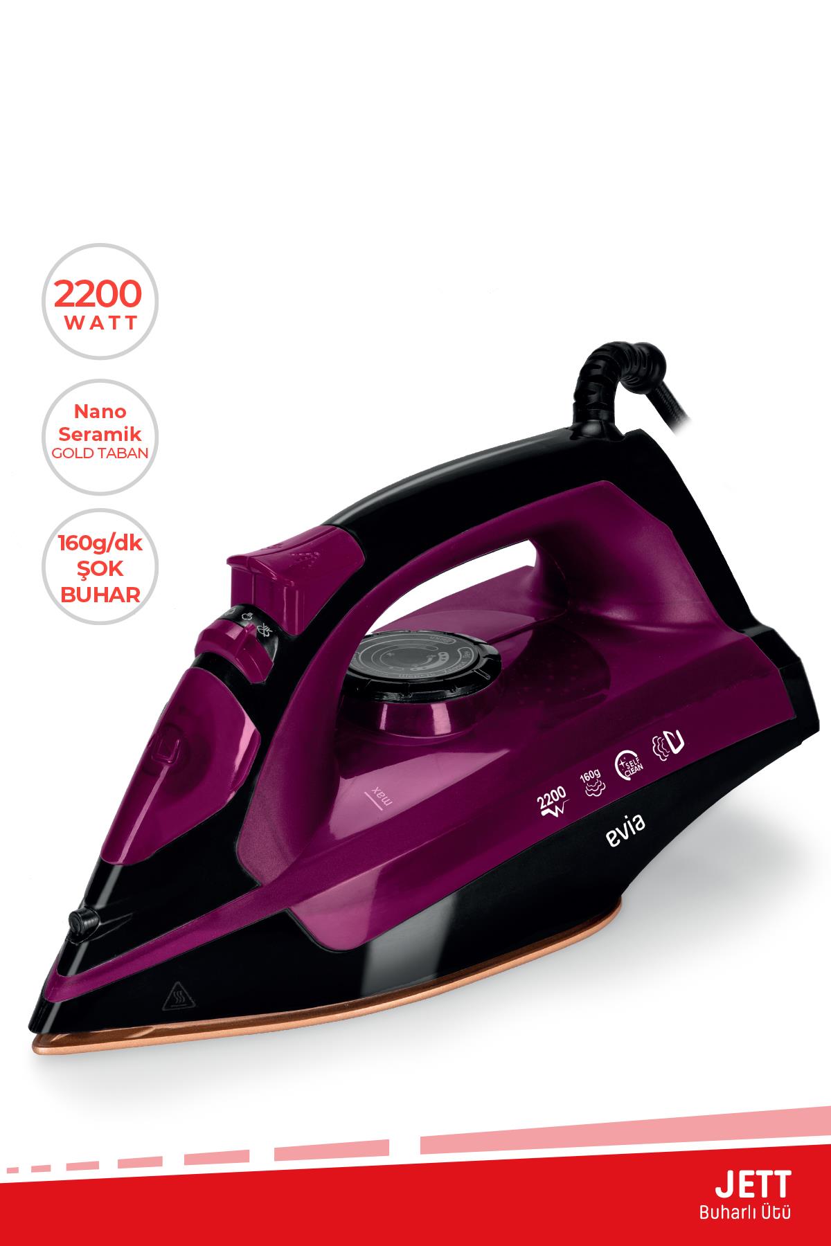 Evia Jett 2200 Watt Seramik Tabanlı 160 Gr Etkili Şok Buharlı Ütü Siyah Mor EA-4115S