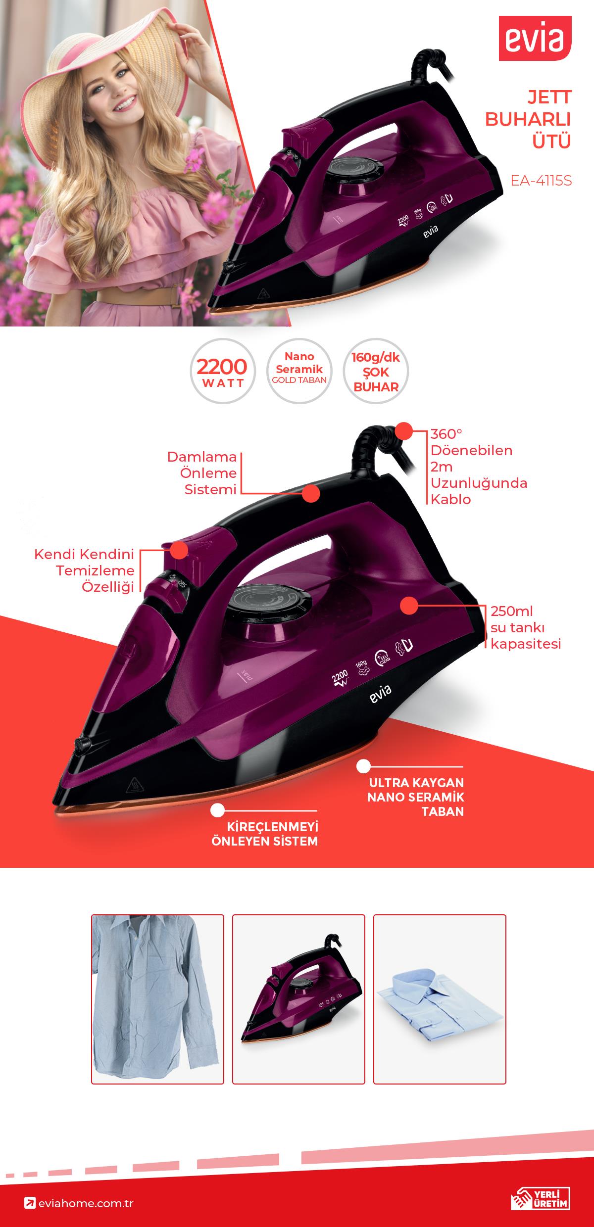 Evia Jett 2200 Watt Seramik Tabanlı 160 Gr Etkili Şok Buharlı Ütü Siyah Mor EA-4115S
