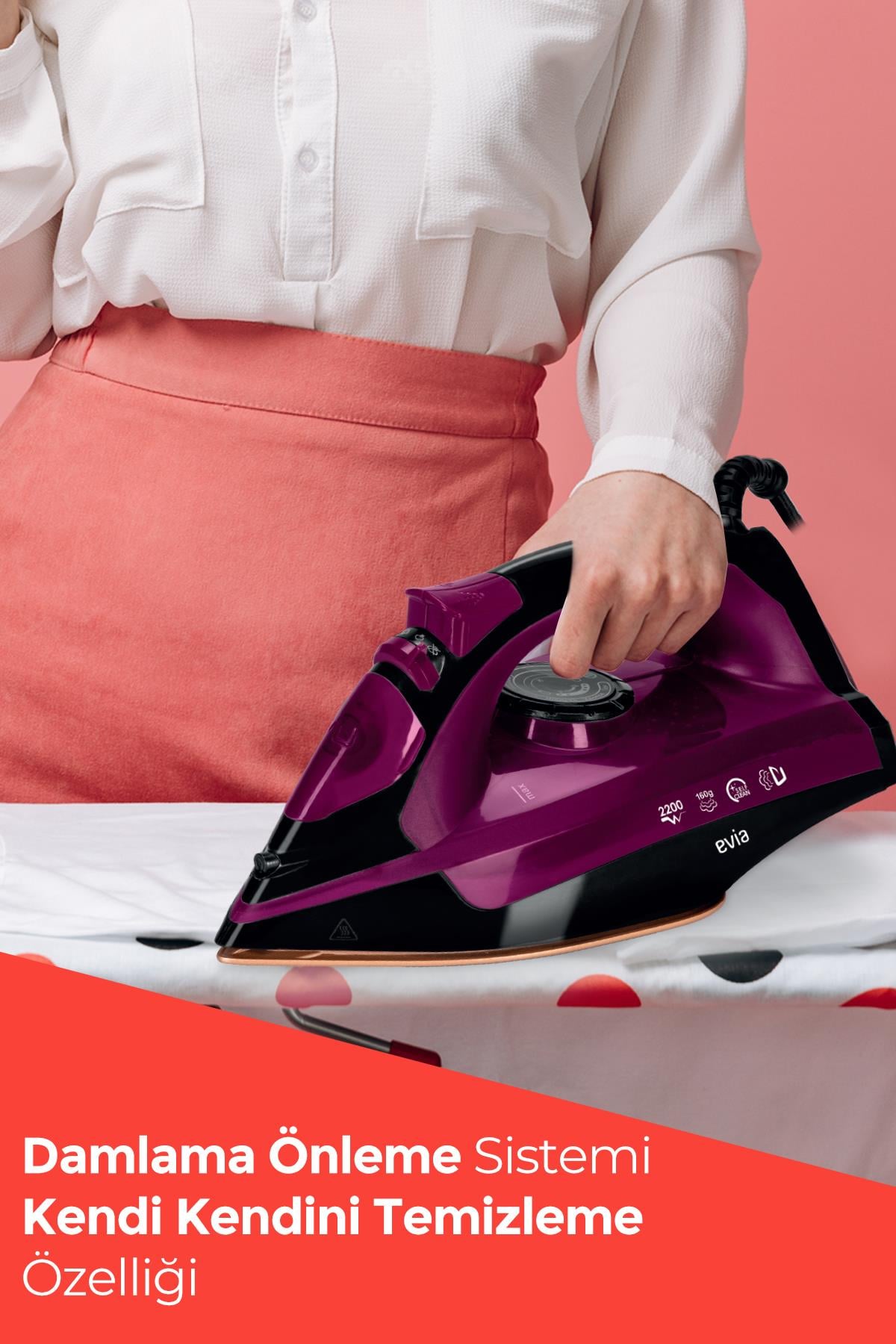 Evia Jett 2200 Watt Seramik Tabanlı 160 Gr Etkili Şok Buharlı Ütü Siyah Mor EA-4115S