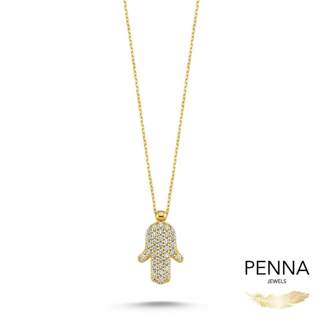 Fatma Eli Hamsa Taşlı Altın Kolye