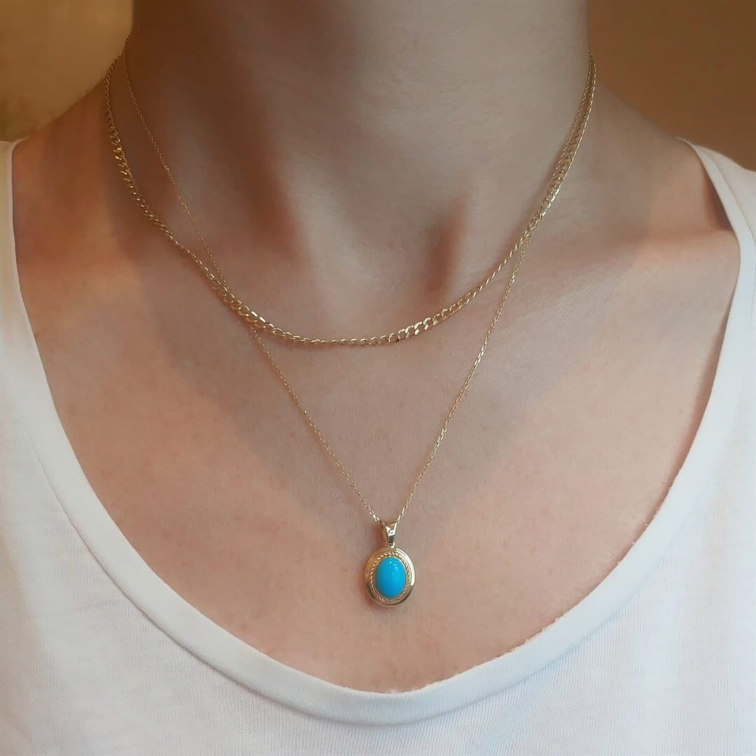 Firuze Taşlı Vintage Altın Kolye Ucu- Oval
