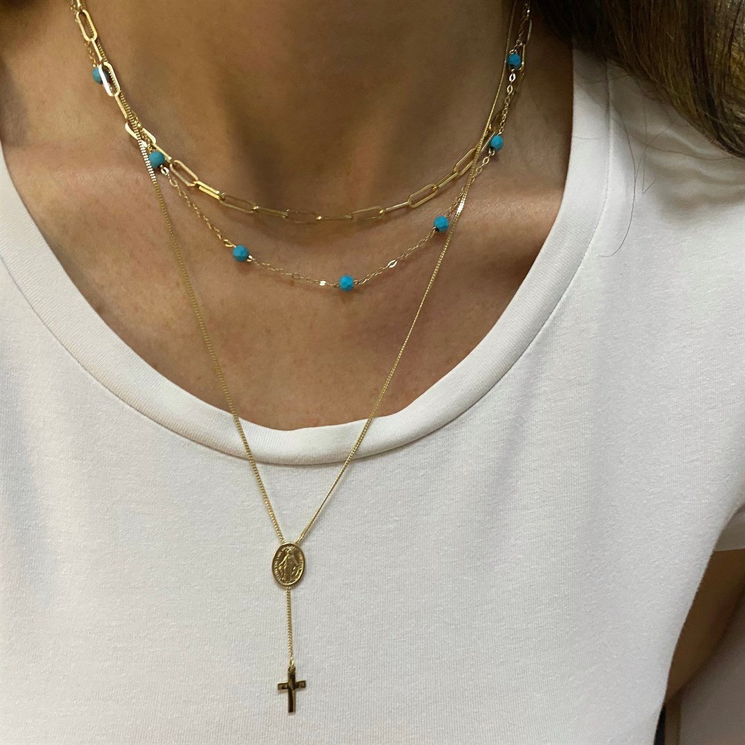 Naturel Taşlı KolyeMagro Klasik  Altın Kolye – Mavi Turkuaz Taşlı - Penna Jewels