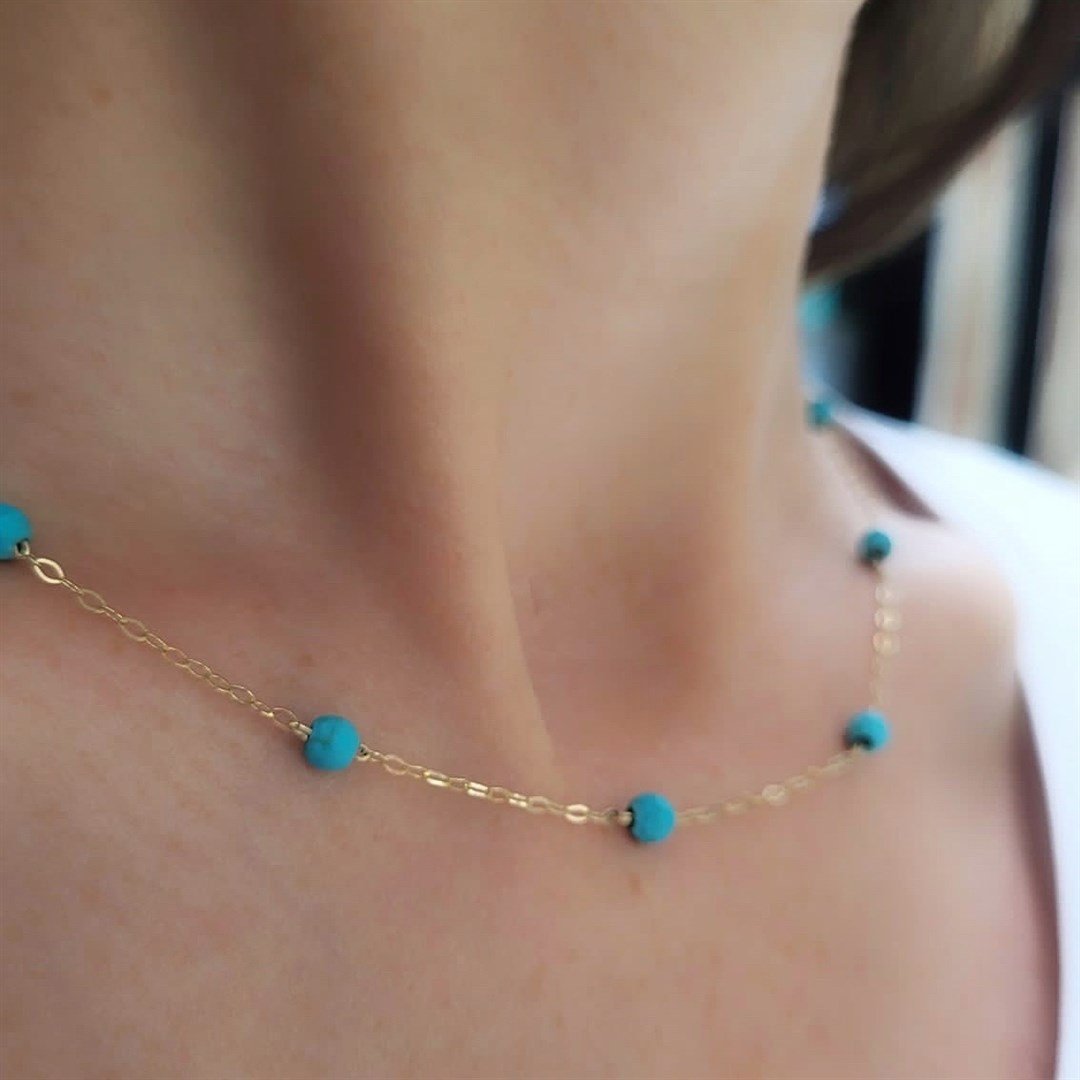 Naturel Taşlı KolyeMagro Klasik  Altın Kolye – Mavi Turkuaz Taşlı - Penna Jewels