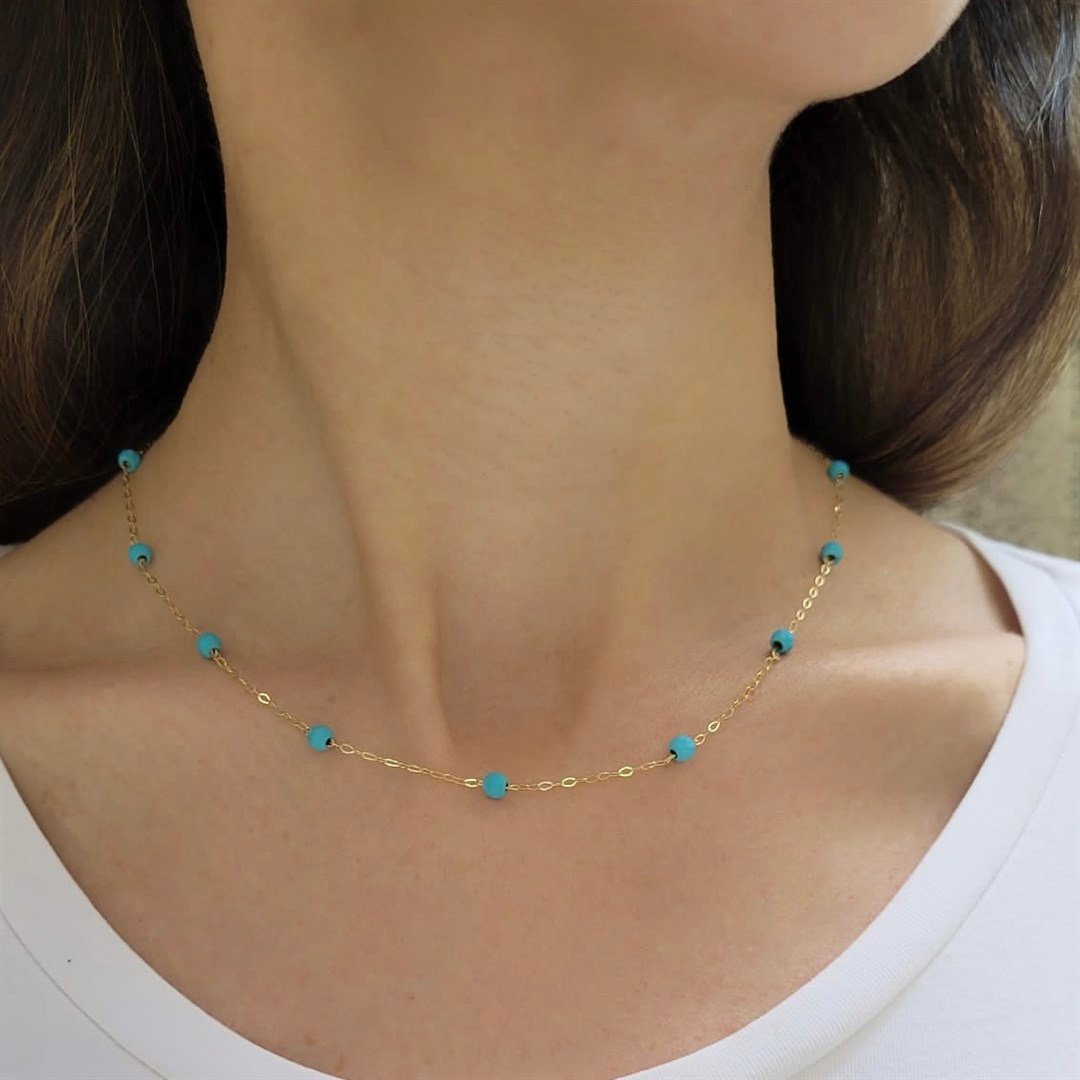 Naturel Taşlı KolyeMagro Klasik  Altın Kolye – Mavi Turkuaz Taşlı - Penna Jewels