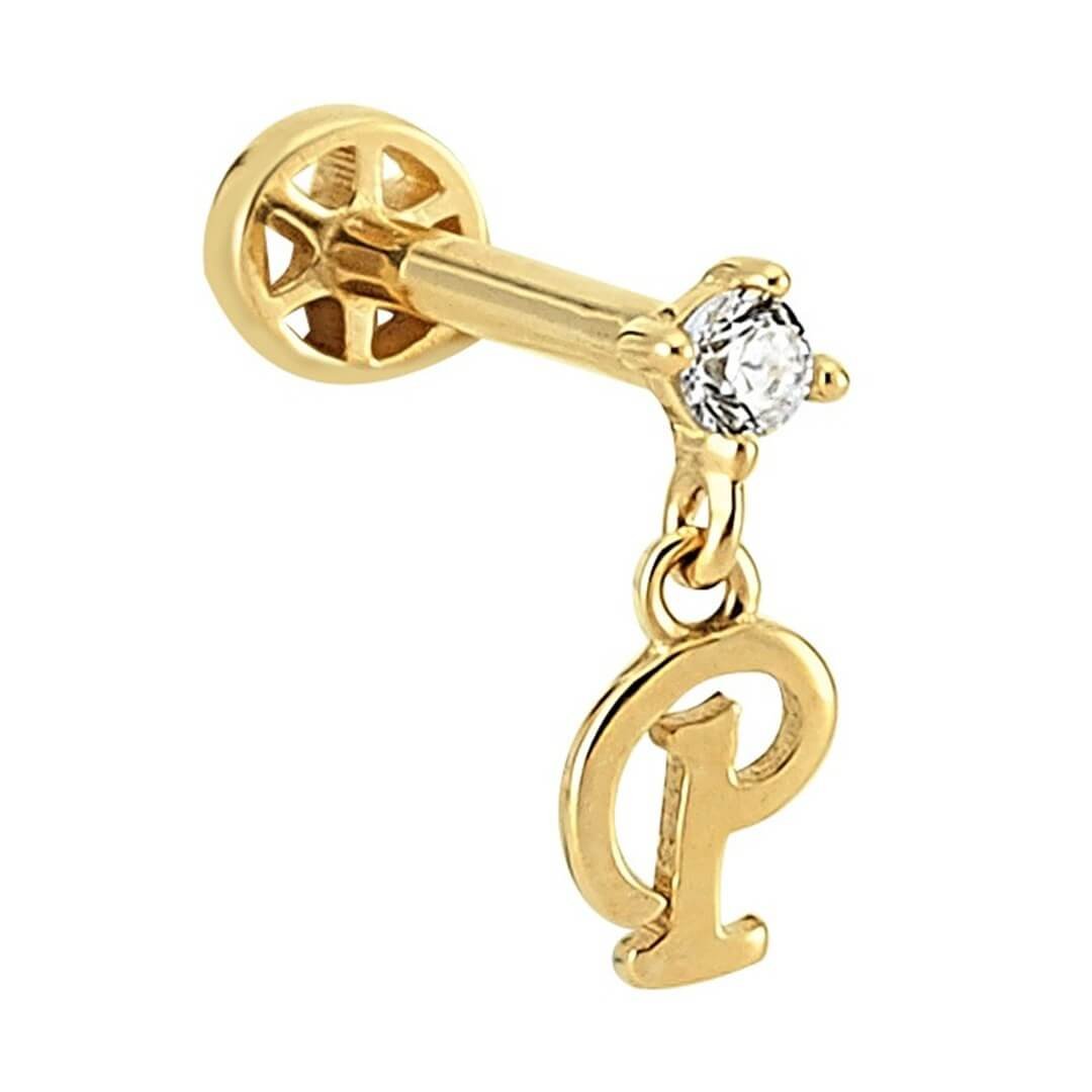 Pırlantalı Altın Piercing – Harf Sallantılı – P