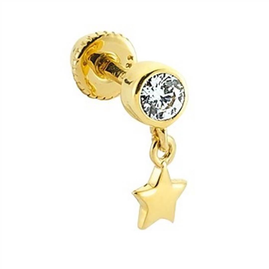 Tek Taşlı Yıldız Sallantılı Altın Piercing
