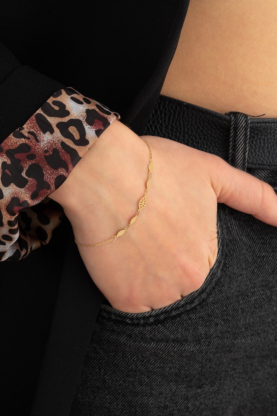 14 Ayar Altın Beşli Modern ve Sade ve Çiçekli Bileklik