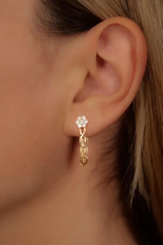 14 Ayar Altın Çiçek Detaylı Çift Koza Küpe