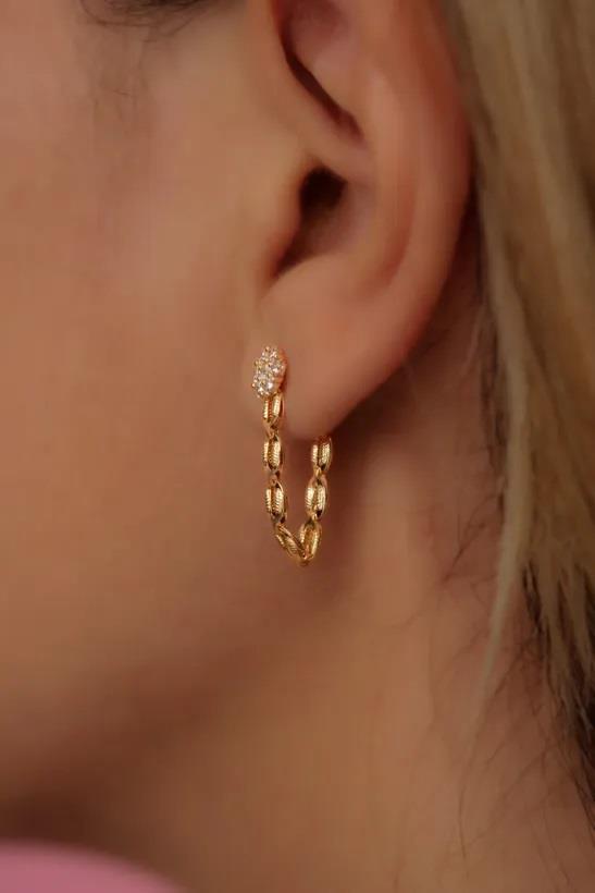 14 Ayar Altın Çiçek Detaylı Çift Koza Küpe