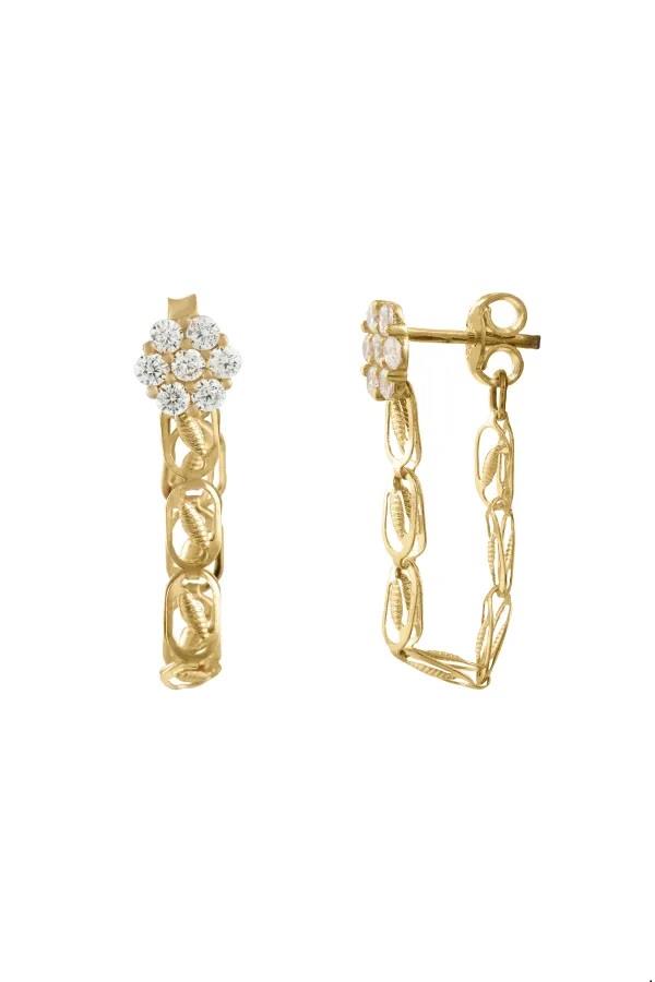 14 AYAR ALTIN Çiçek Detaylı Koza Zincirli Küpe