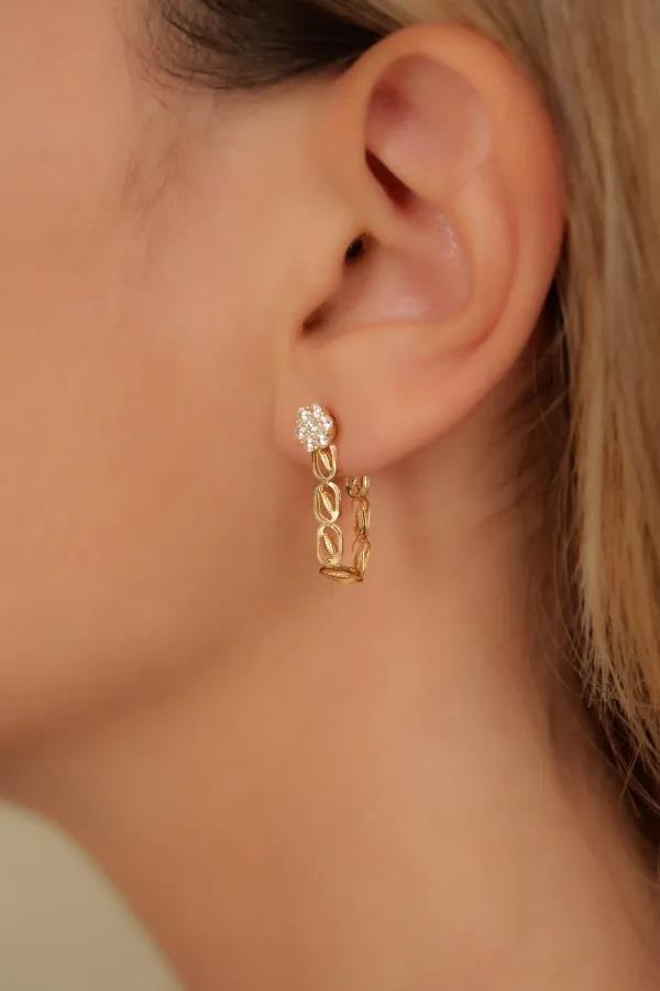 14 AYAR ALTIN Çiçek Detaylı Koza Zincirli Küpe