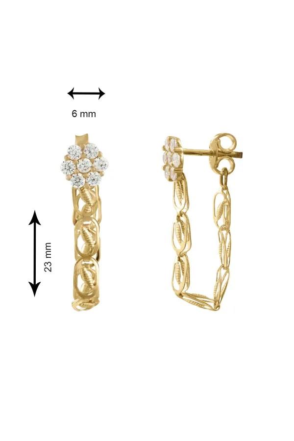 14 AYAR ALTIN Çiçek Detaylı Koza Zincirli Küpe