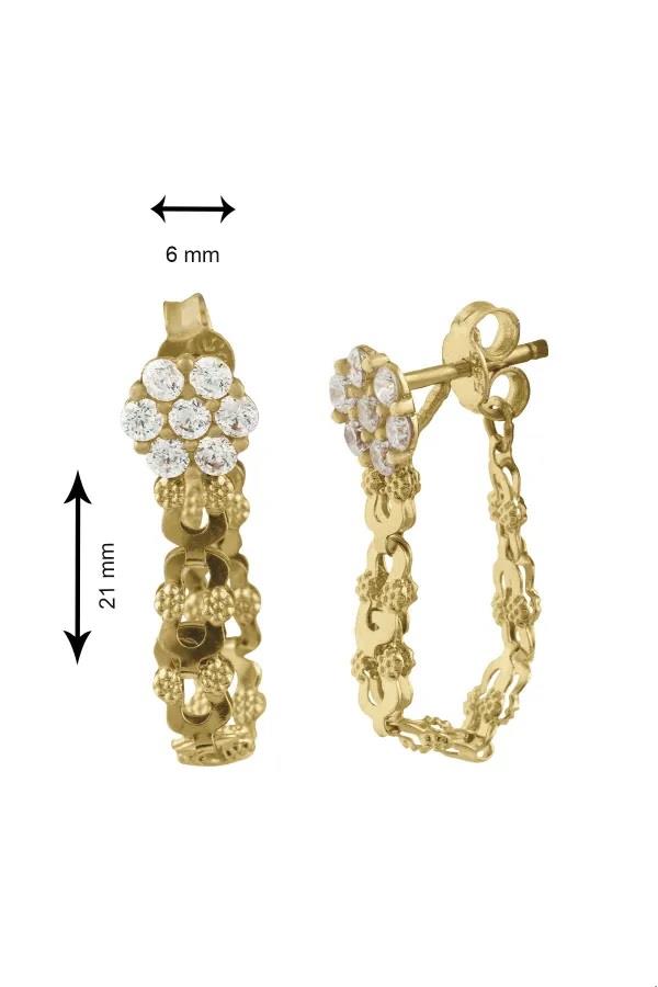 14 AYAR ALTIN Çiçek Detaylı Minik Toplu Zincir Küpe