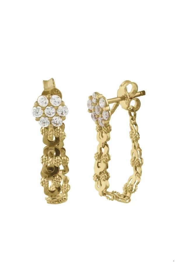 14 AYAR ALTIN Çiçek Detaylı Minik Toplu Zincir Küpe