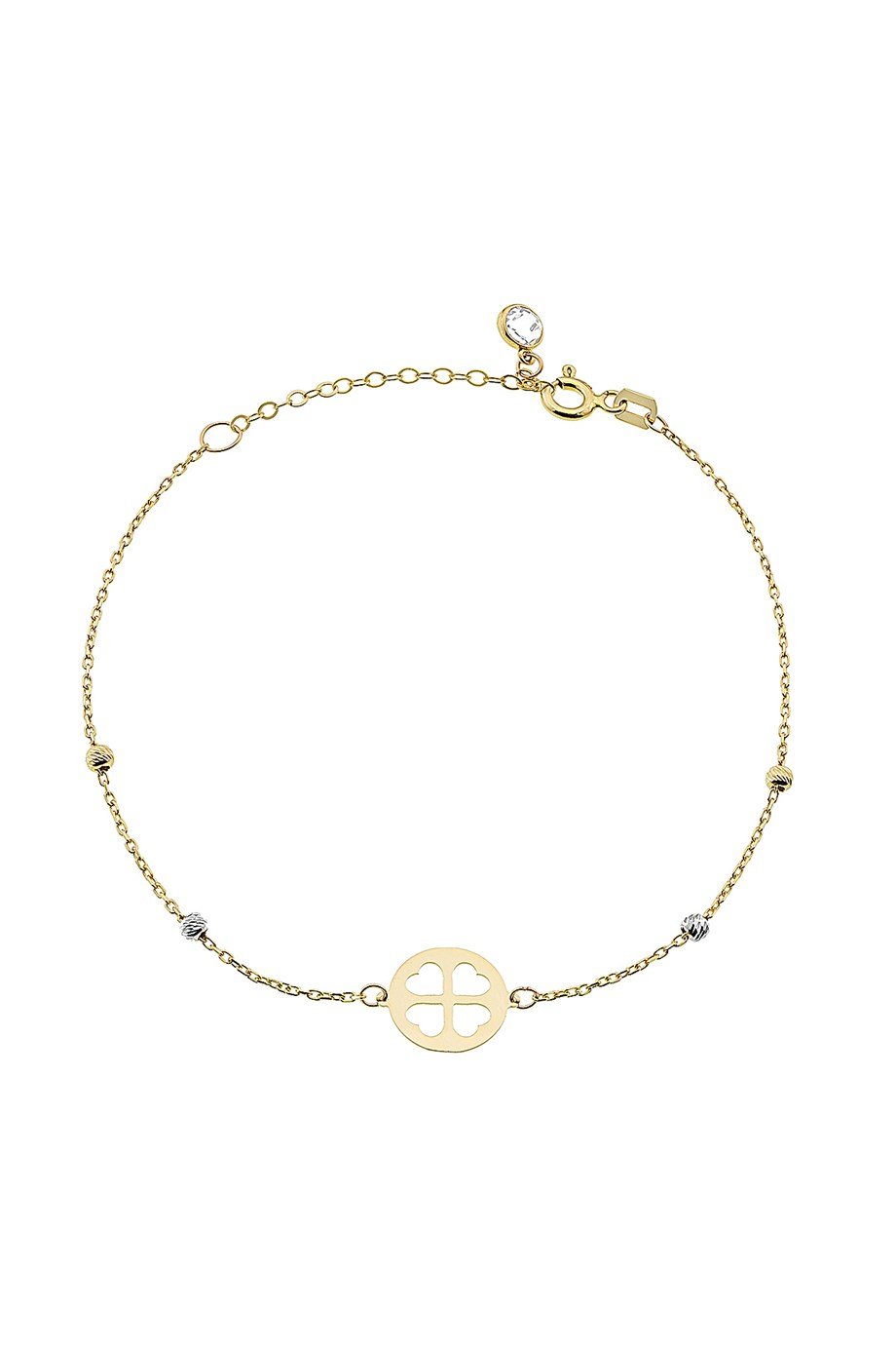 14 Ayar Altın Kalpli Yonca Desenli Kadın Bileklik