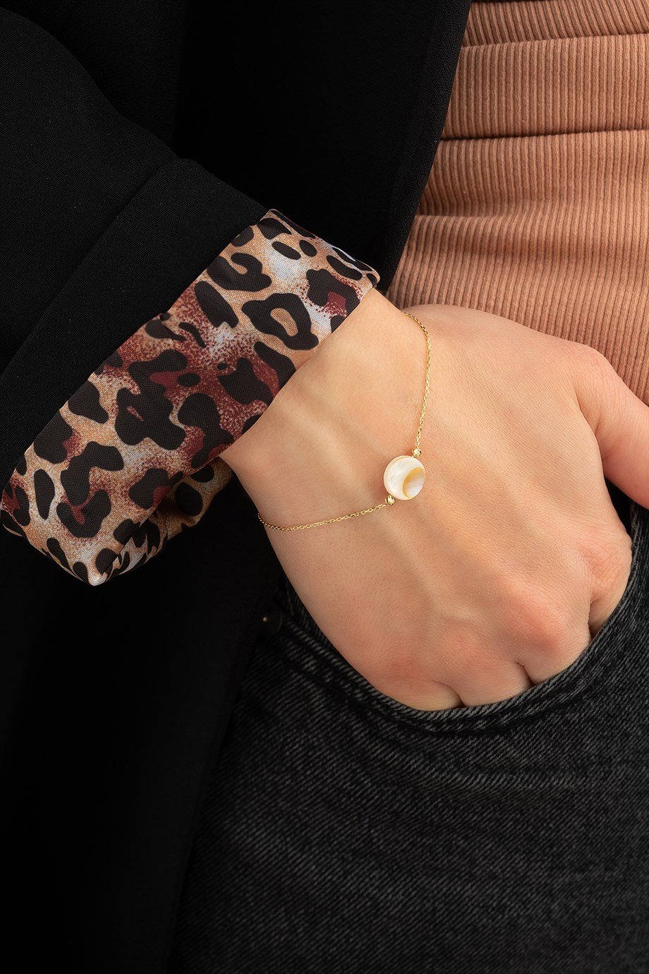 14 Ayar Altın Yuvarlak Sedef Bileklik