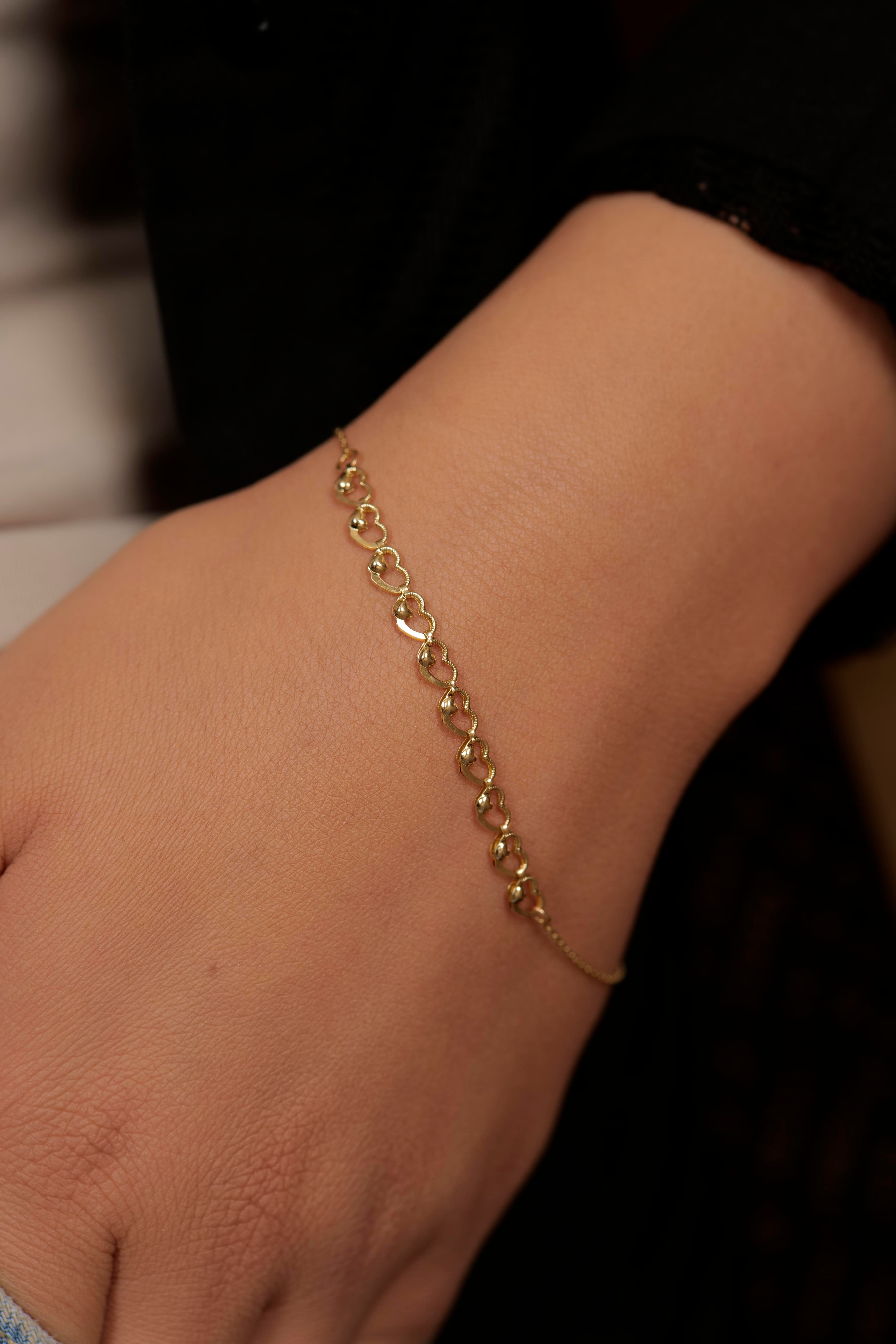 14 Ayar Sıralı Kalpler Zincir Kadın Bileklik