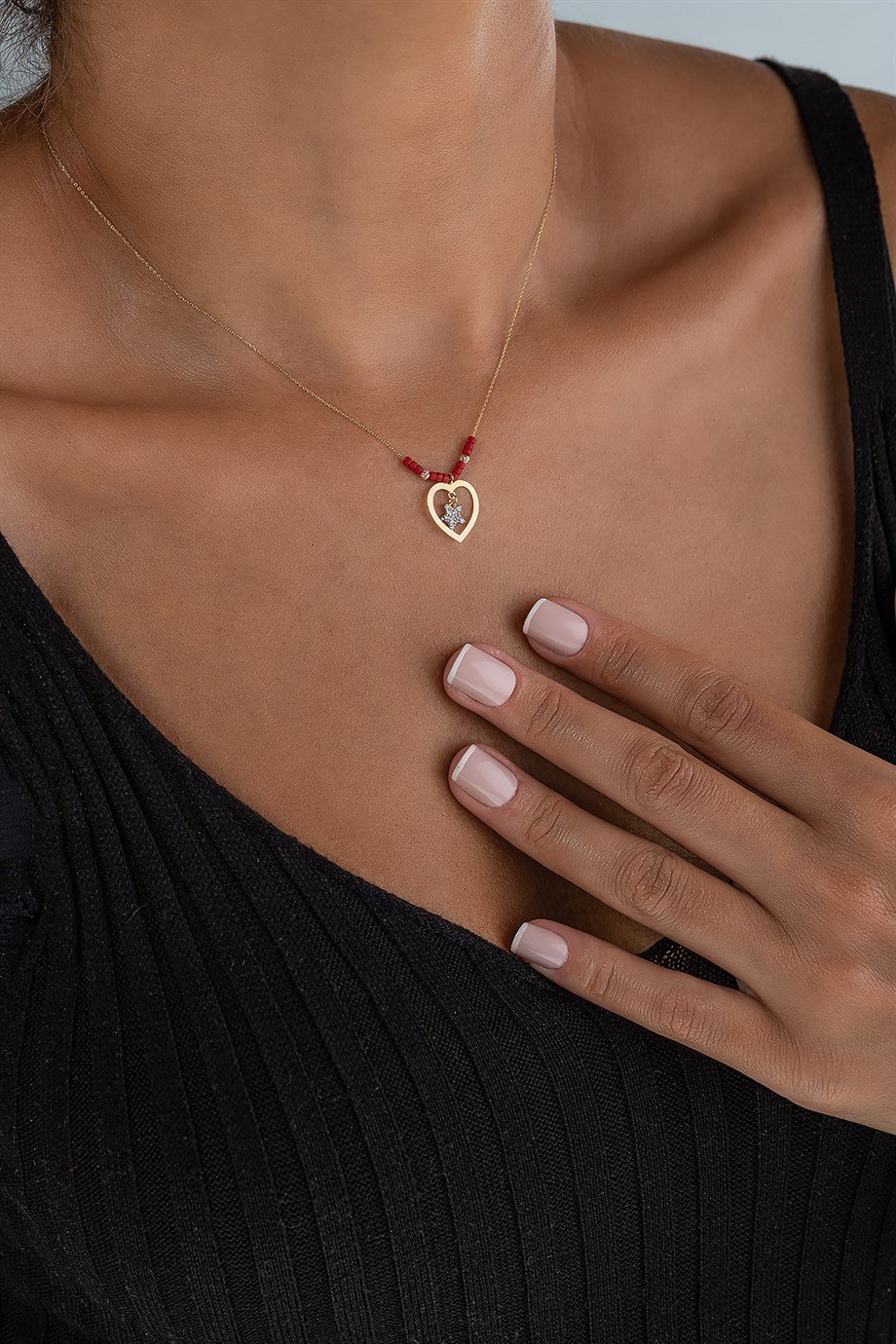 Doğal Taşlı Parlak Kalp 14 Ayar Altın Kadın Kolye