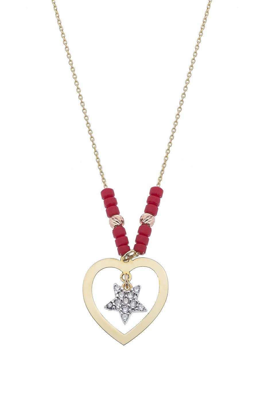 Doğal Taşlı Parlak Kalp 14 Ayar Altın Kadın Kolye