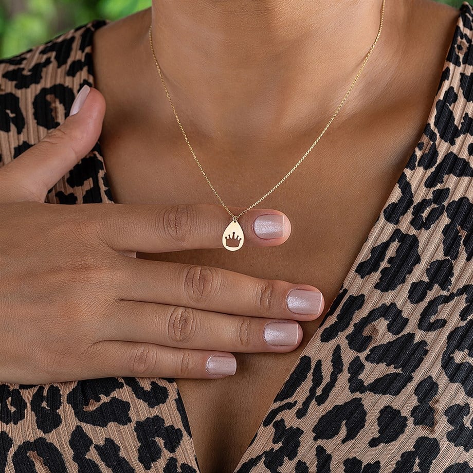 Kral Taçlı Damla 14 Ayar Altın Sade Kadın Kolye