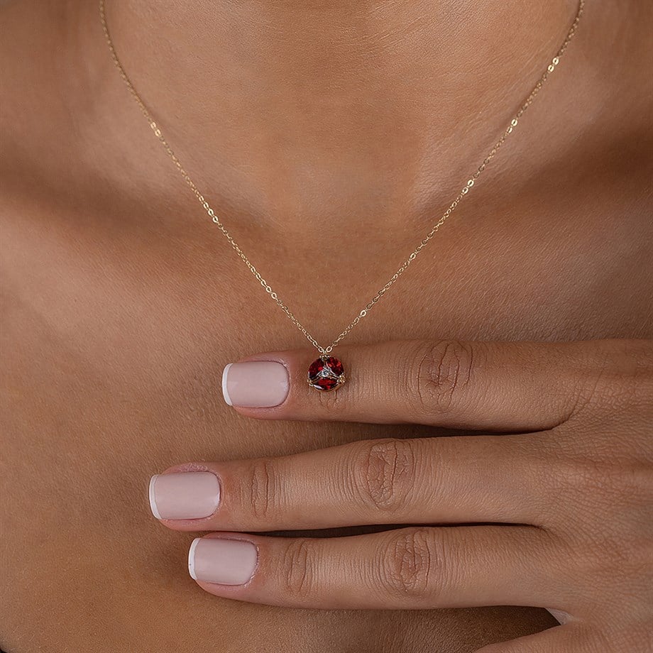 Markiz Taşlı Ateş kırmızısı 14 Ayar Altın Kadın Kolye