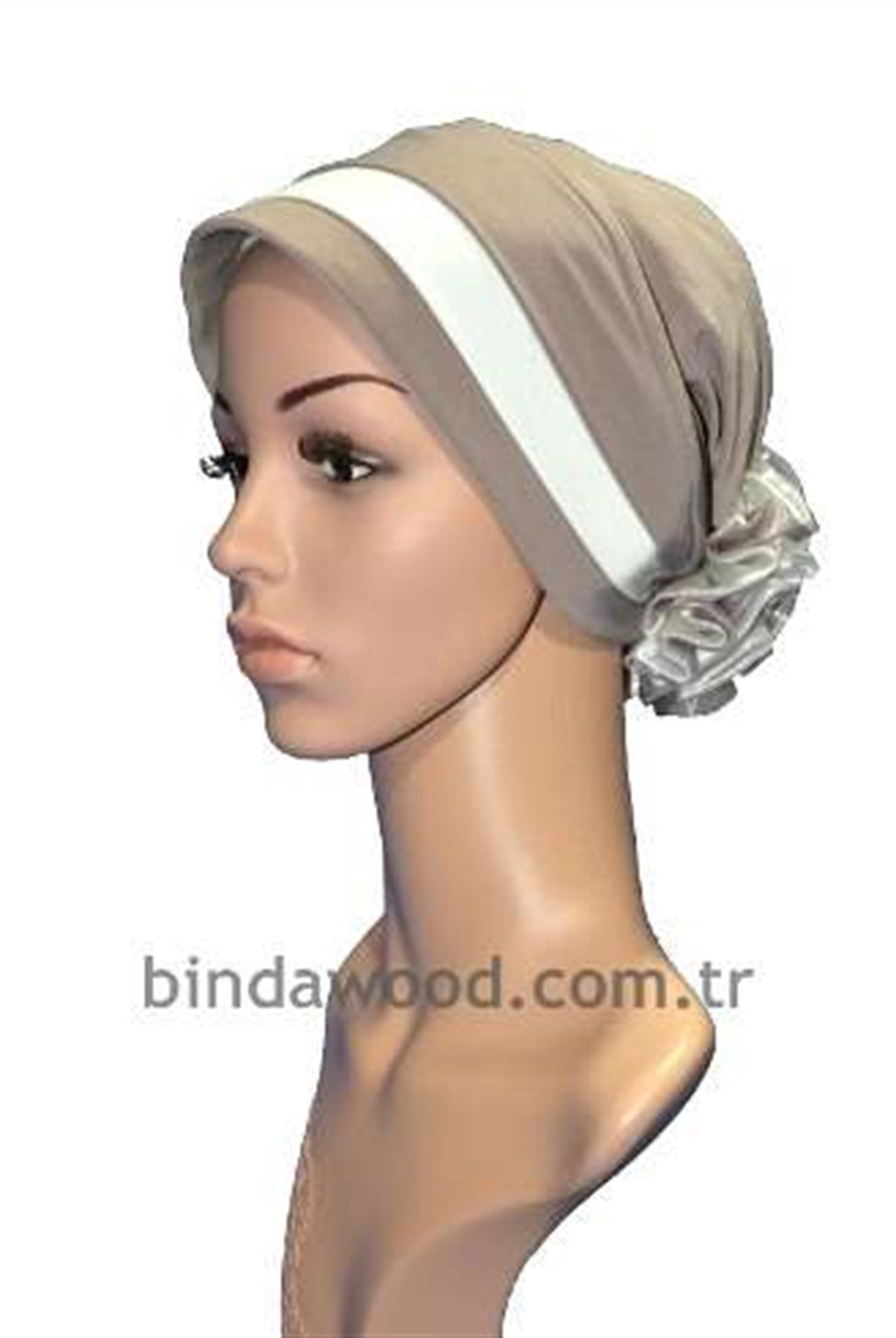 Açık Kahve Beyaz Bantlı Güllü Abiye Türban Bone