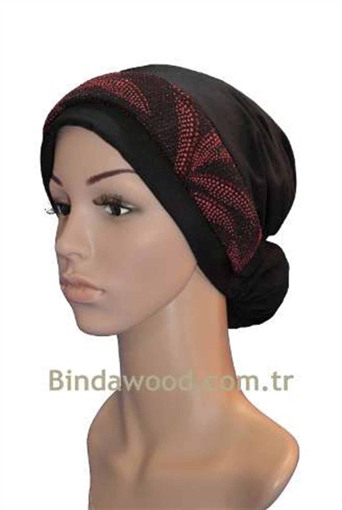 Bordo Desen Topuzlu Katlı Siyah Abiye Hazır Tesettür Türban