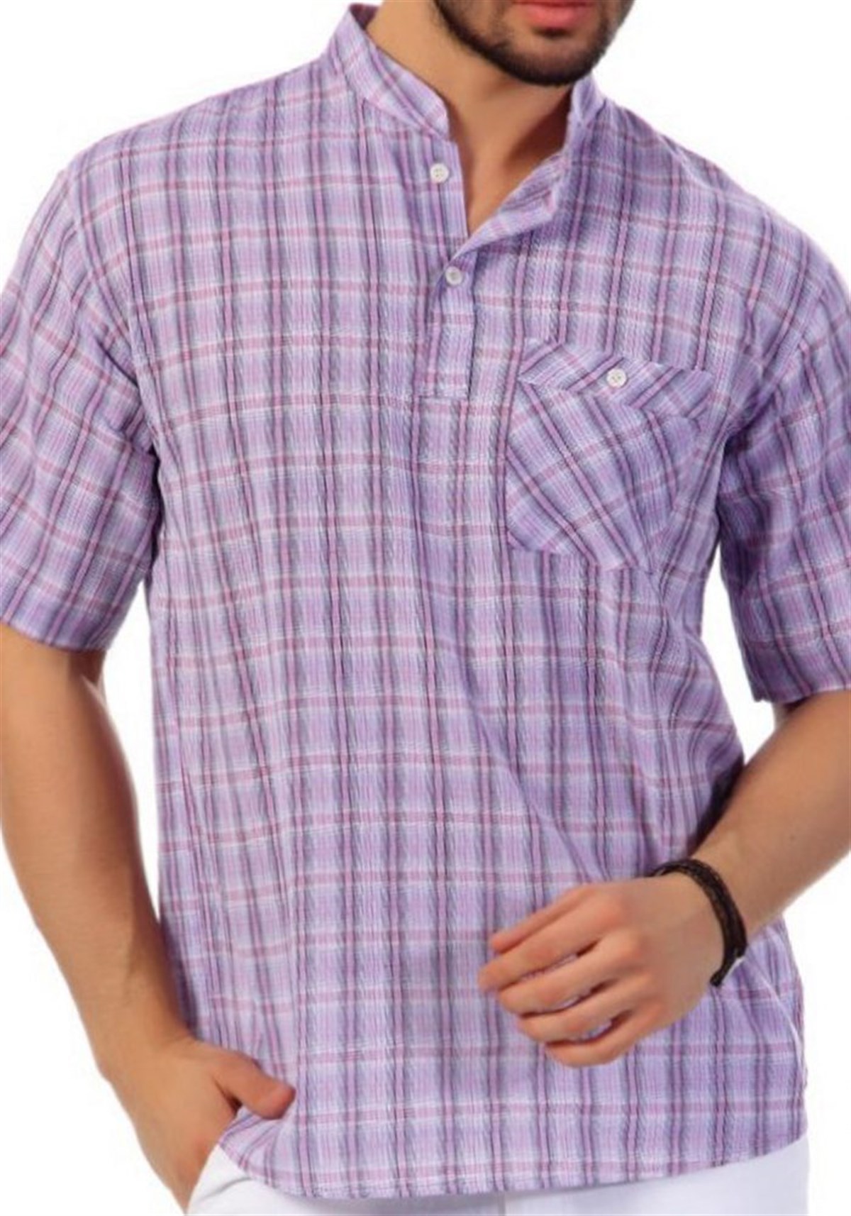 Eflatun Ekose Hakim Yaka Kısa Kol Gömlek Tshirt