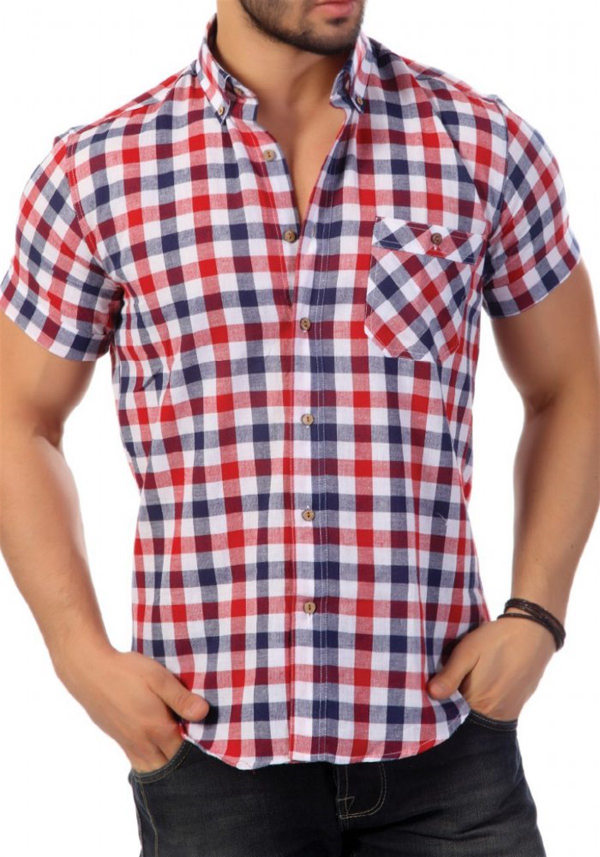 Ekoseli Kısa Kollu Cepli Gömlek