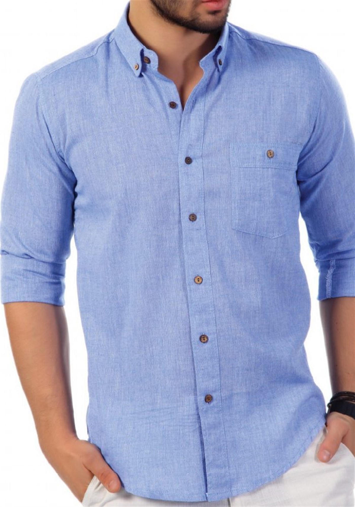 Gök Mavi Gömlek Uzun Kol Cepli