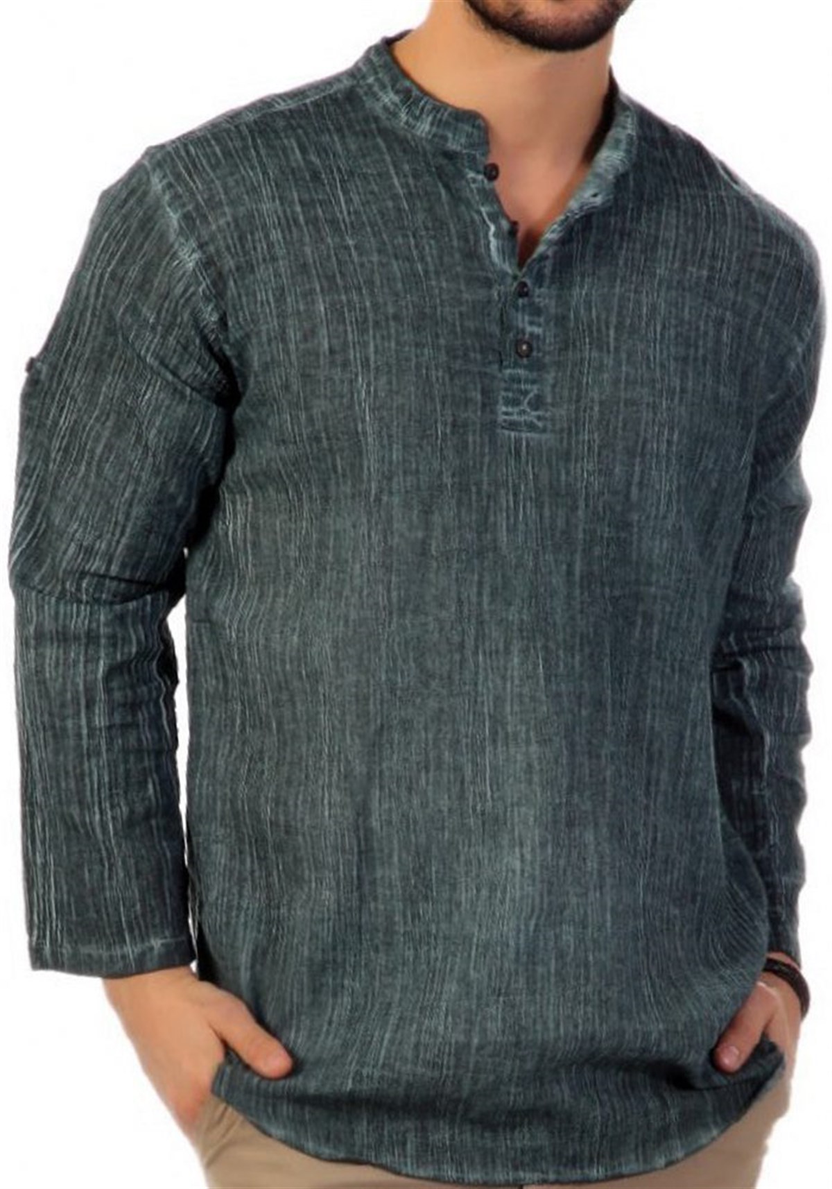 Gri Eskitme Hakim Yaka Uzun Kol Gömlek Tshirt