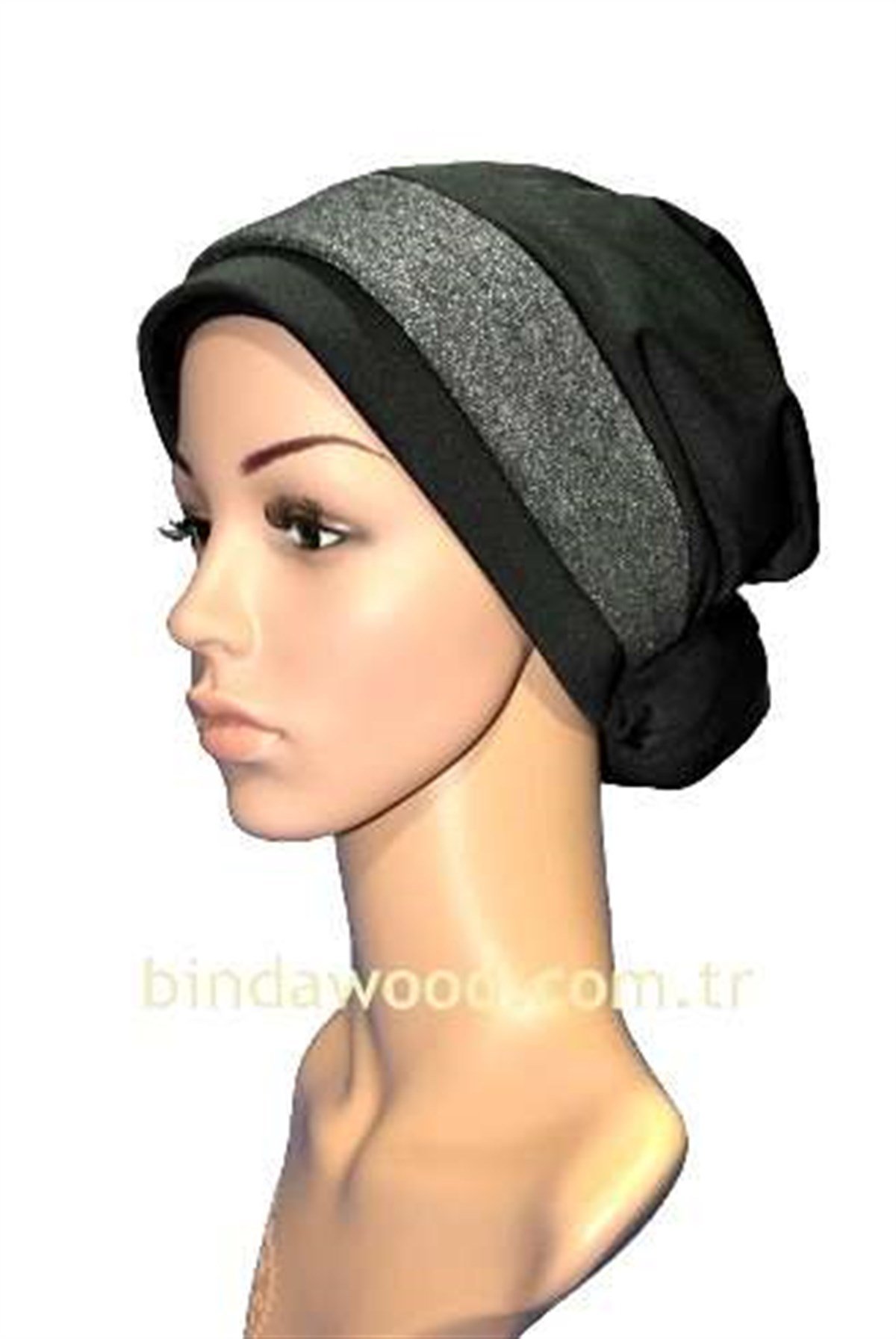 Gri Simli Bantlı Topuzlu Abiye Türban Bone