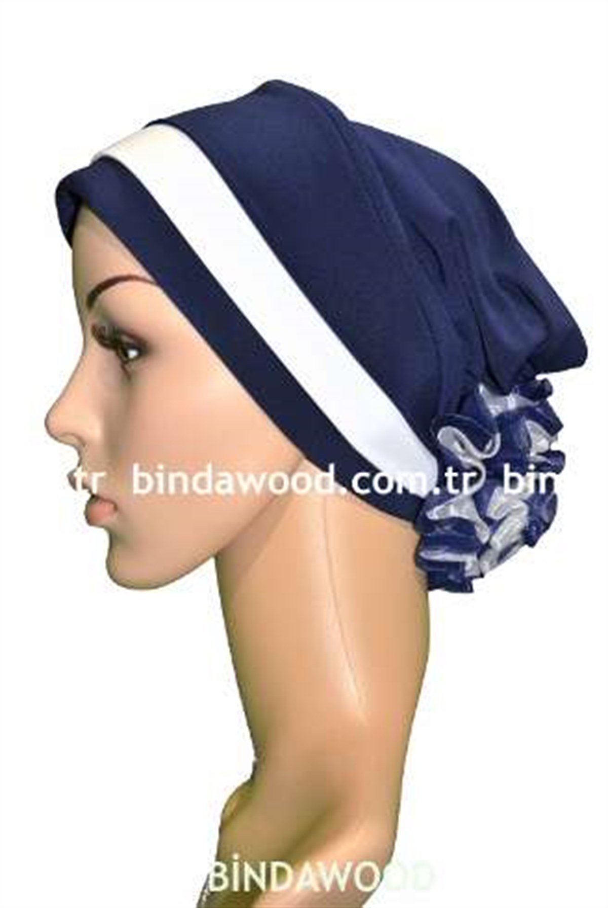 Güllü Katlı Lacivert Beyaz Tesettür Türban