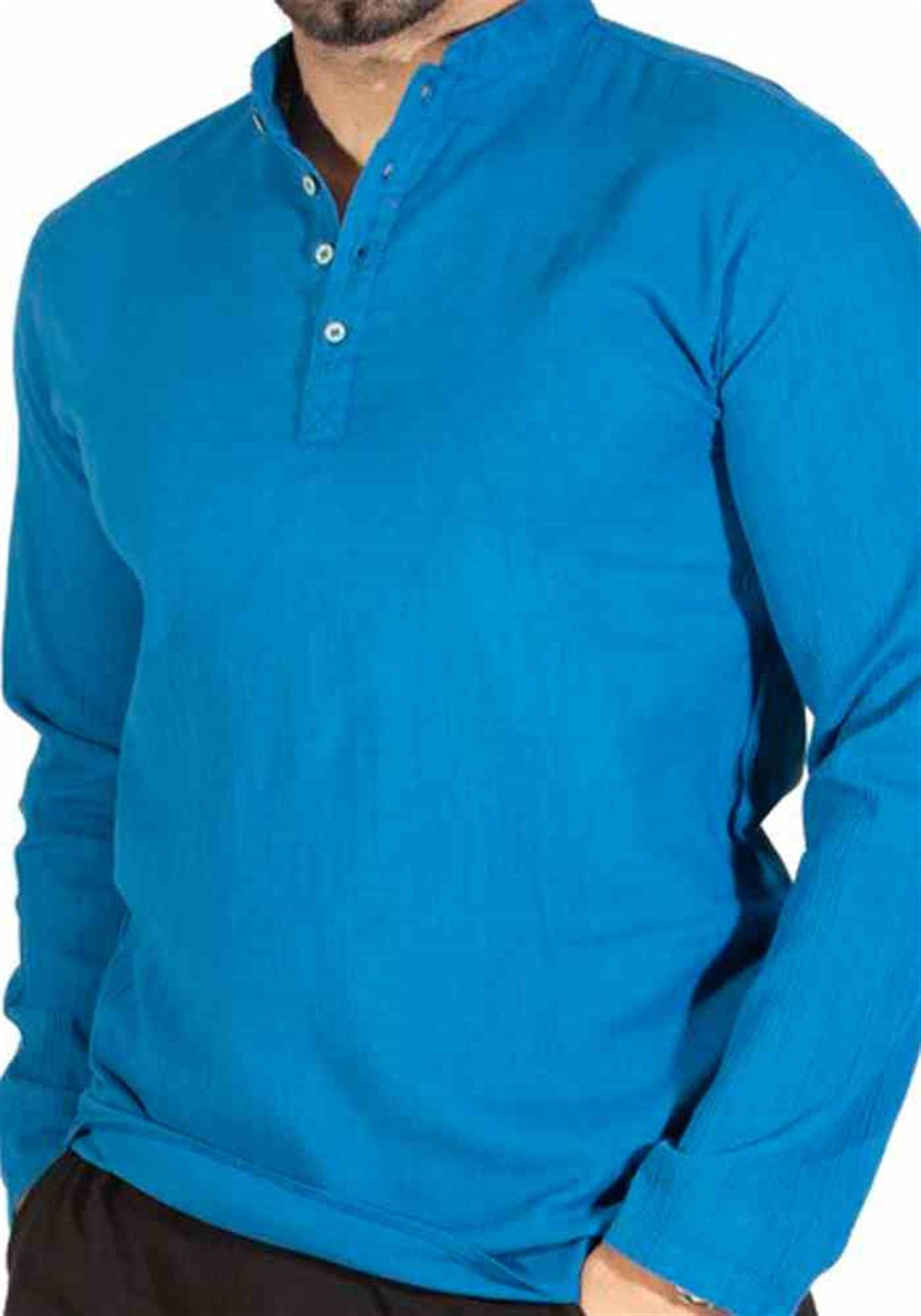 Tişört Hakim Yaka Uzun Kol Koyu Turkuaz